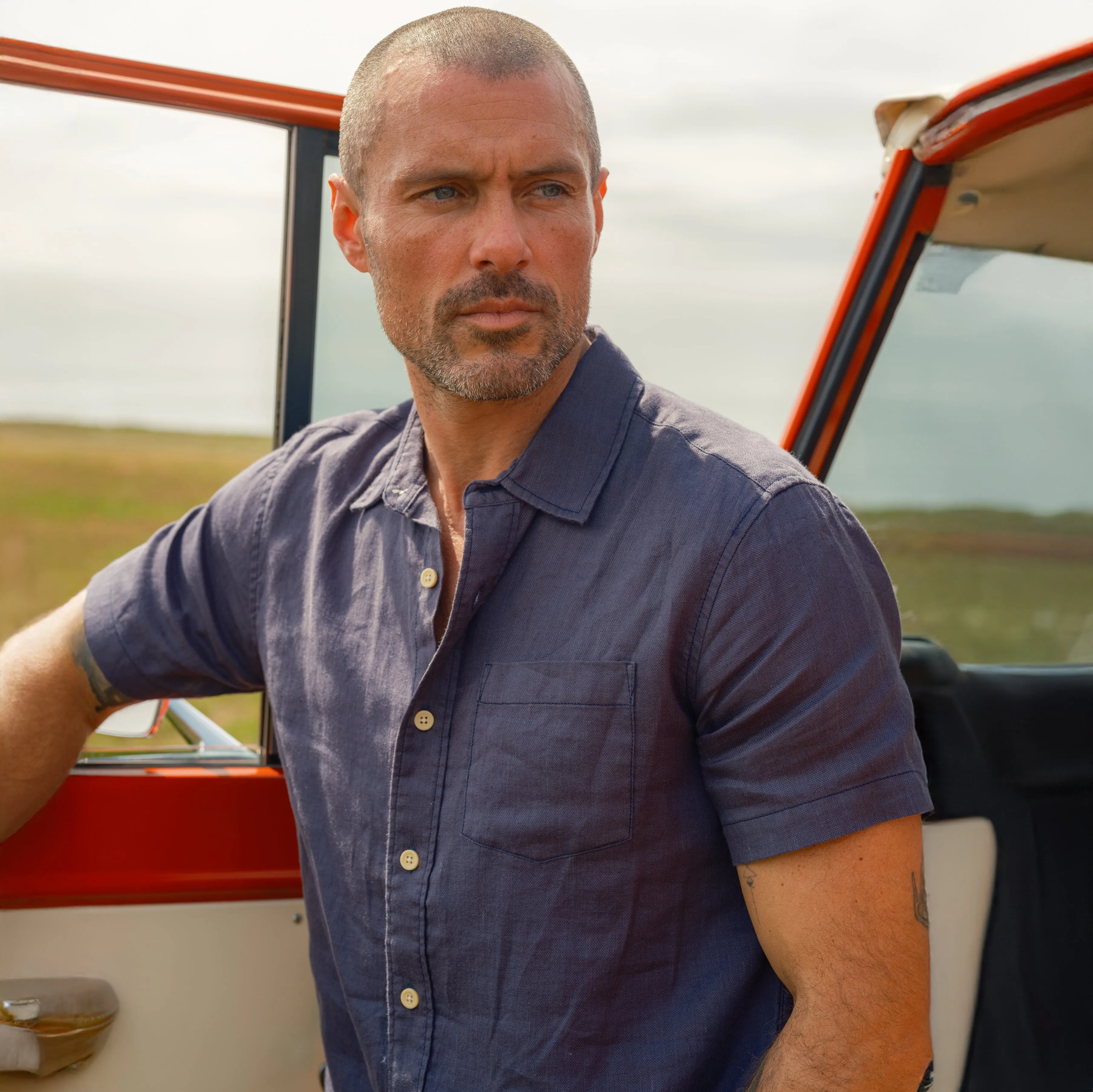 Amalfi Textured Hemp Linen Cotton Short Sleeve Shirt - Blue Steel