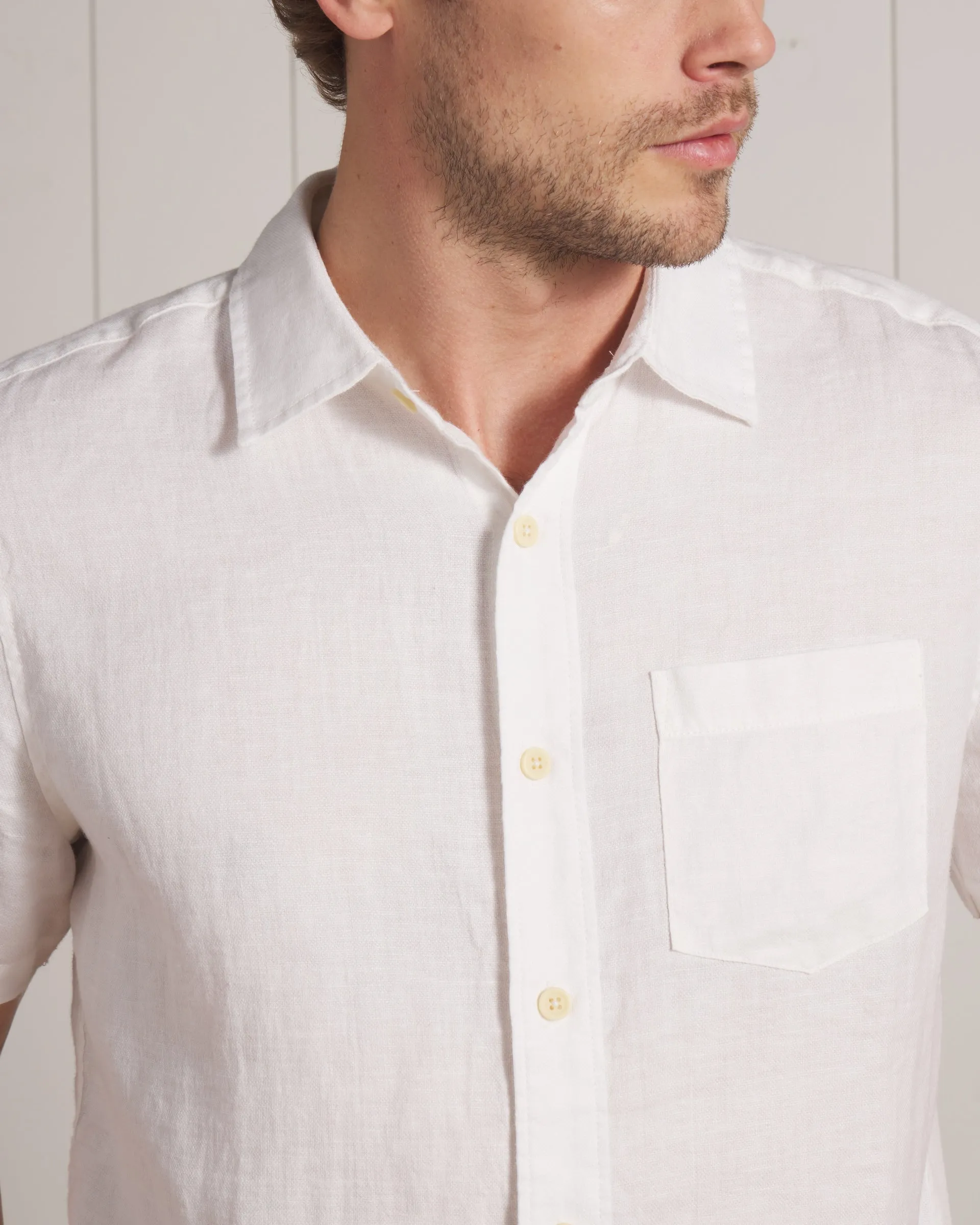 Amalfi Textured Hemp Linen Cotton Short Sleeve Shirt - White