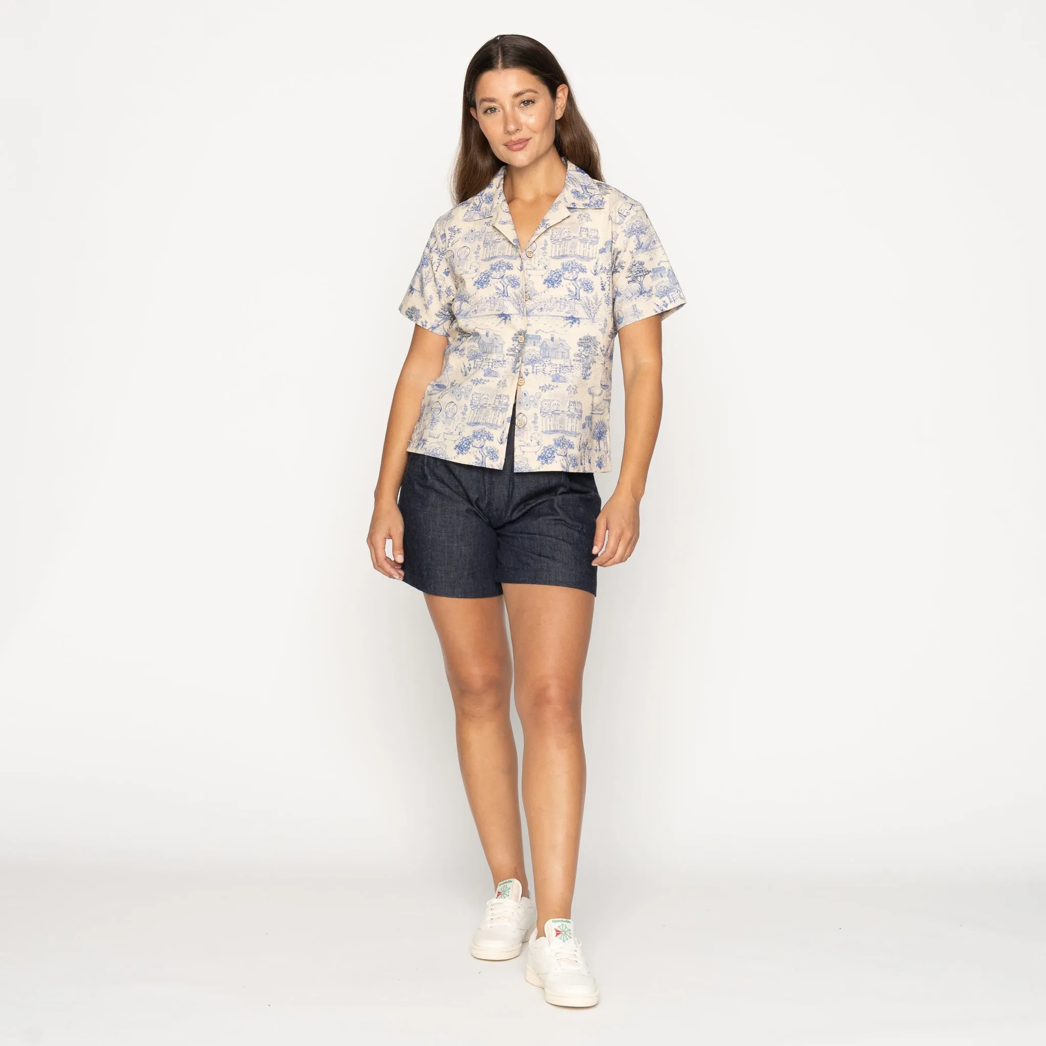 Camp Collar Shirt - Linen Cats - Blue