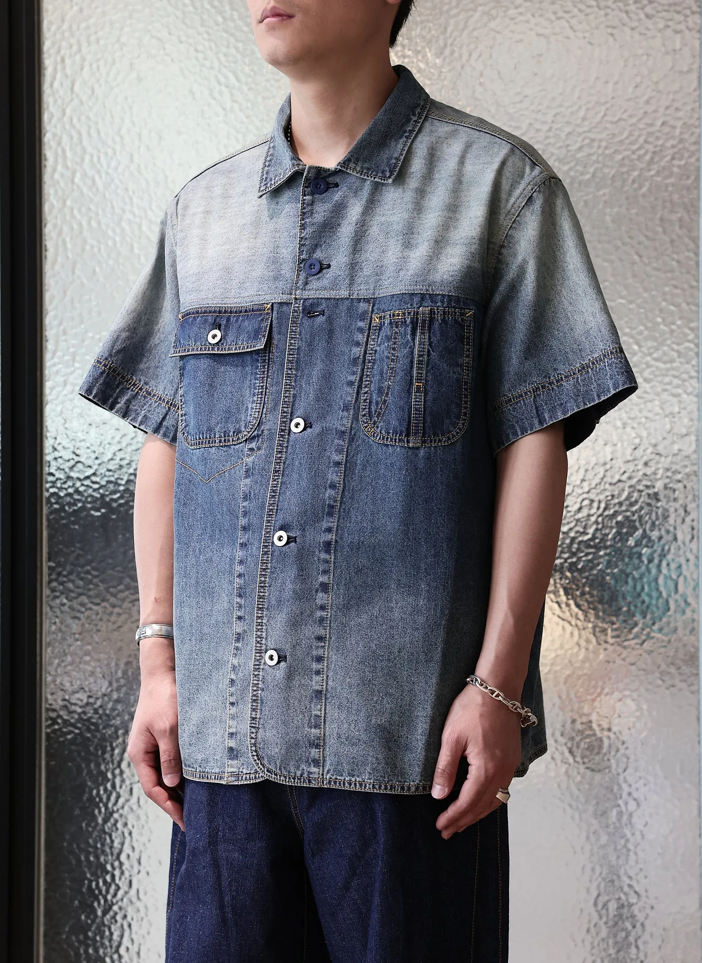 Cotton Linen Denim Worker Short Sleeves Shirt