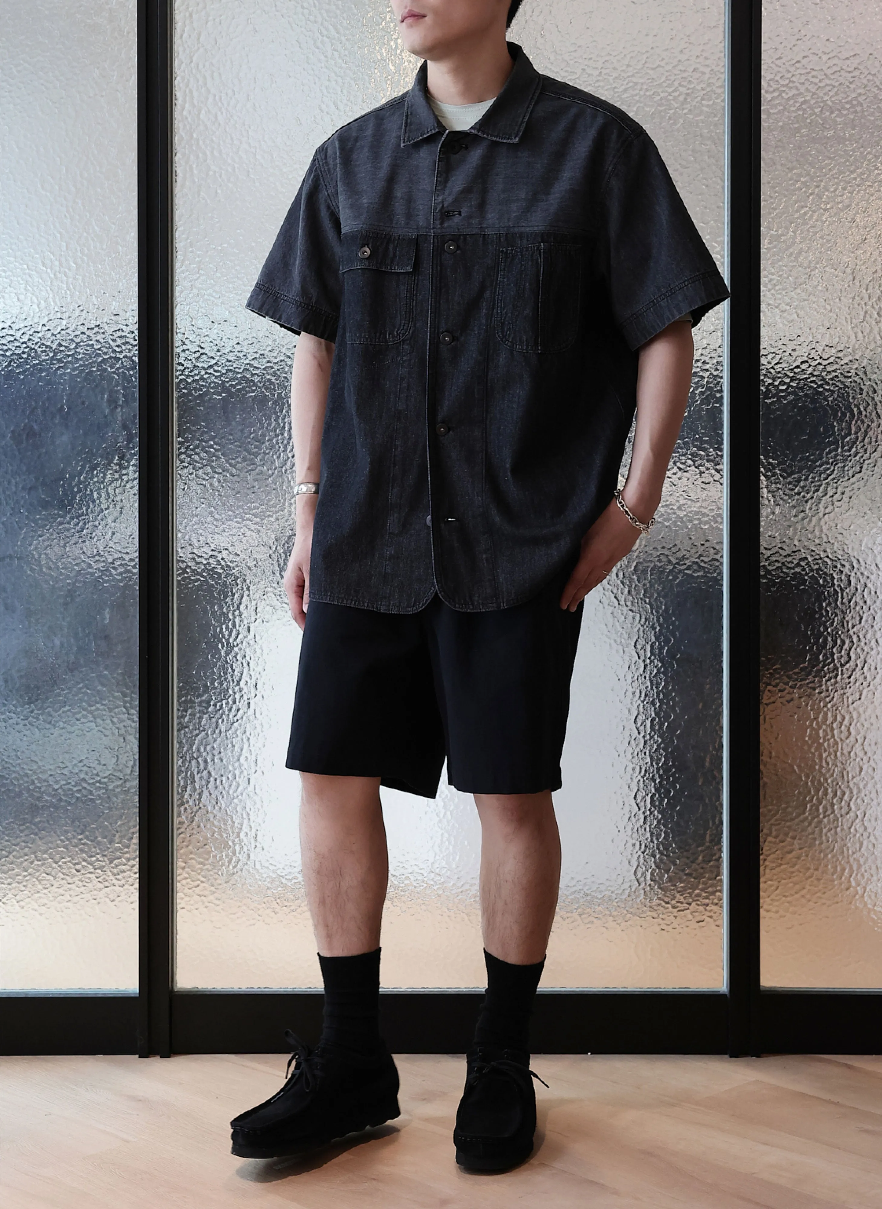 Cotton Linen Denim Worker Short Sleeves Shirt