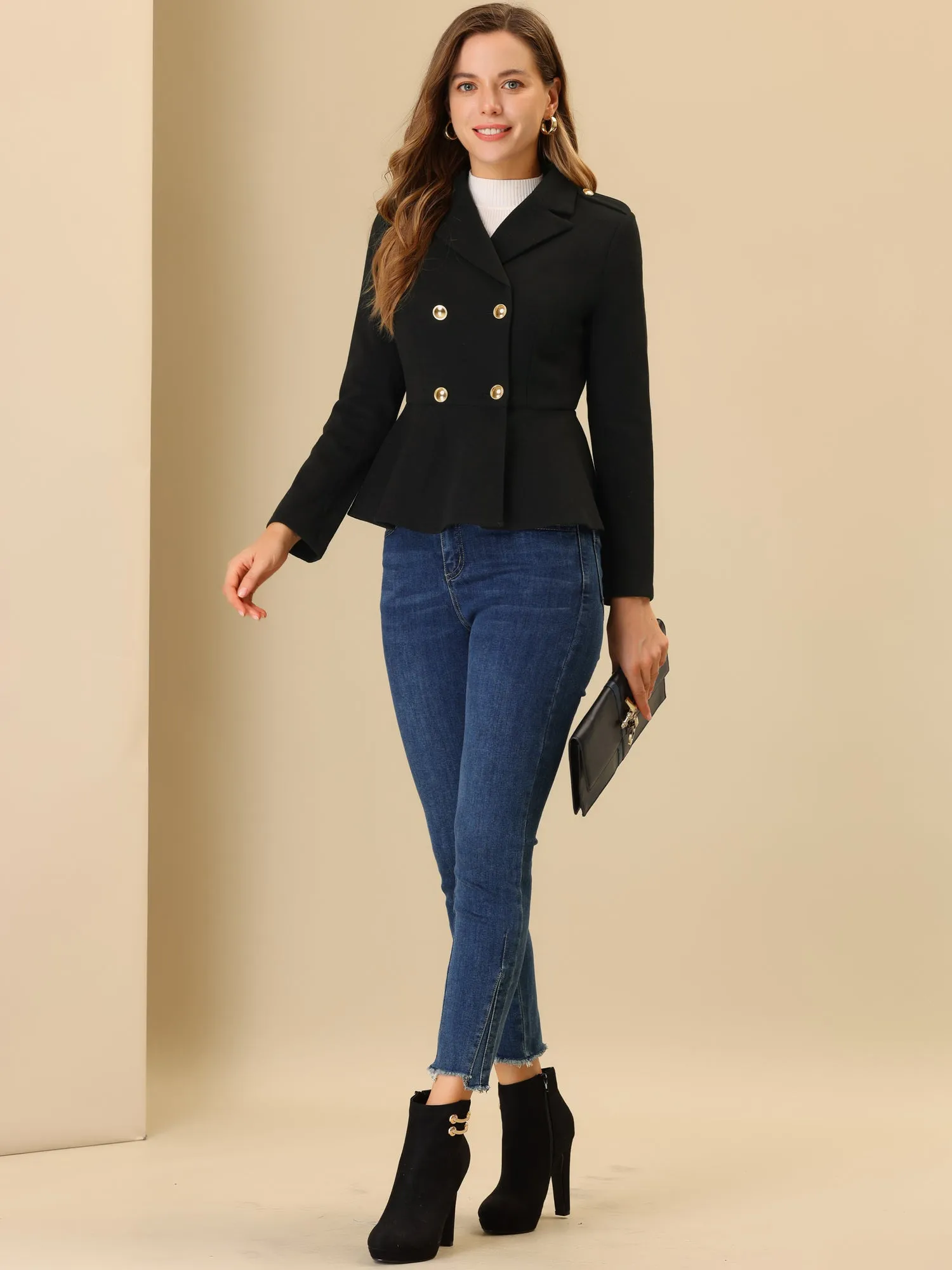 Double Breasted Pea Coat Notched Lapel Blazer Peplum Jacket