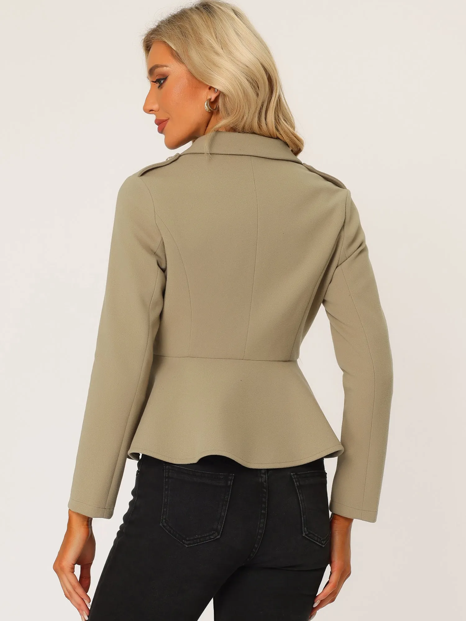 Double Breasted Pea Coat Notched Lapel Blazer Peplum Jacket