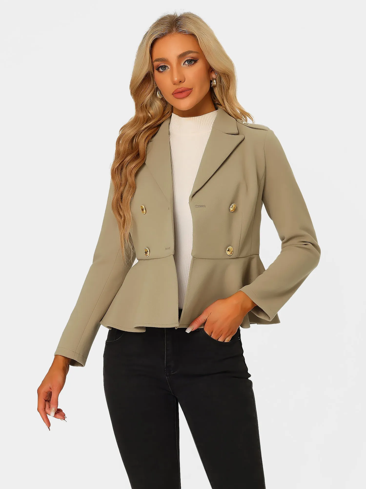 Double Breasted Pea Coat Notched Lapel Blazer Peplum Jacket