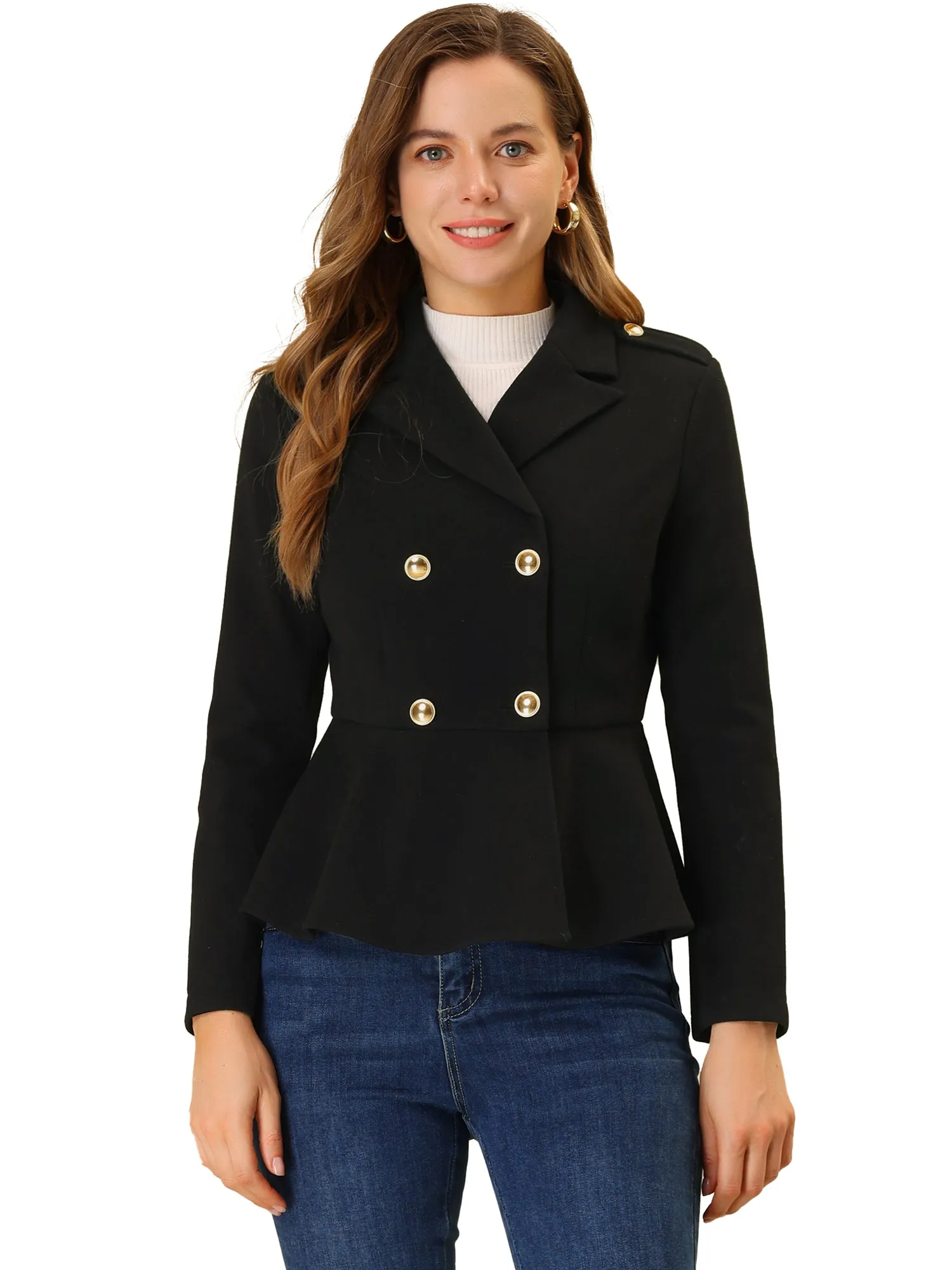 Double Breasted Pea Coat Notched Lapel Blazer Peplum Jacket