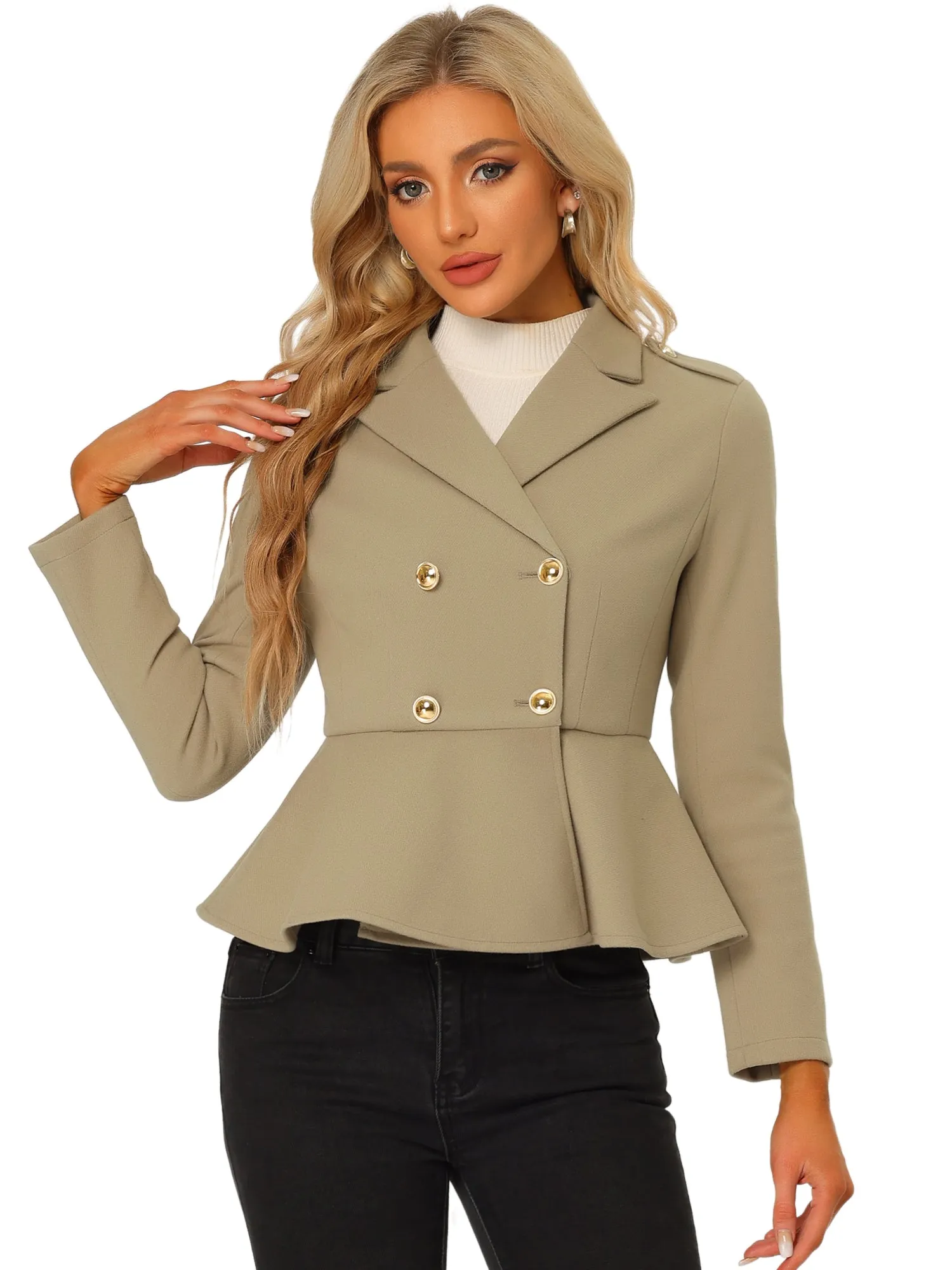 Double Breasted Pea Coat Notched Lapel Blazer Peplum Jacket