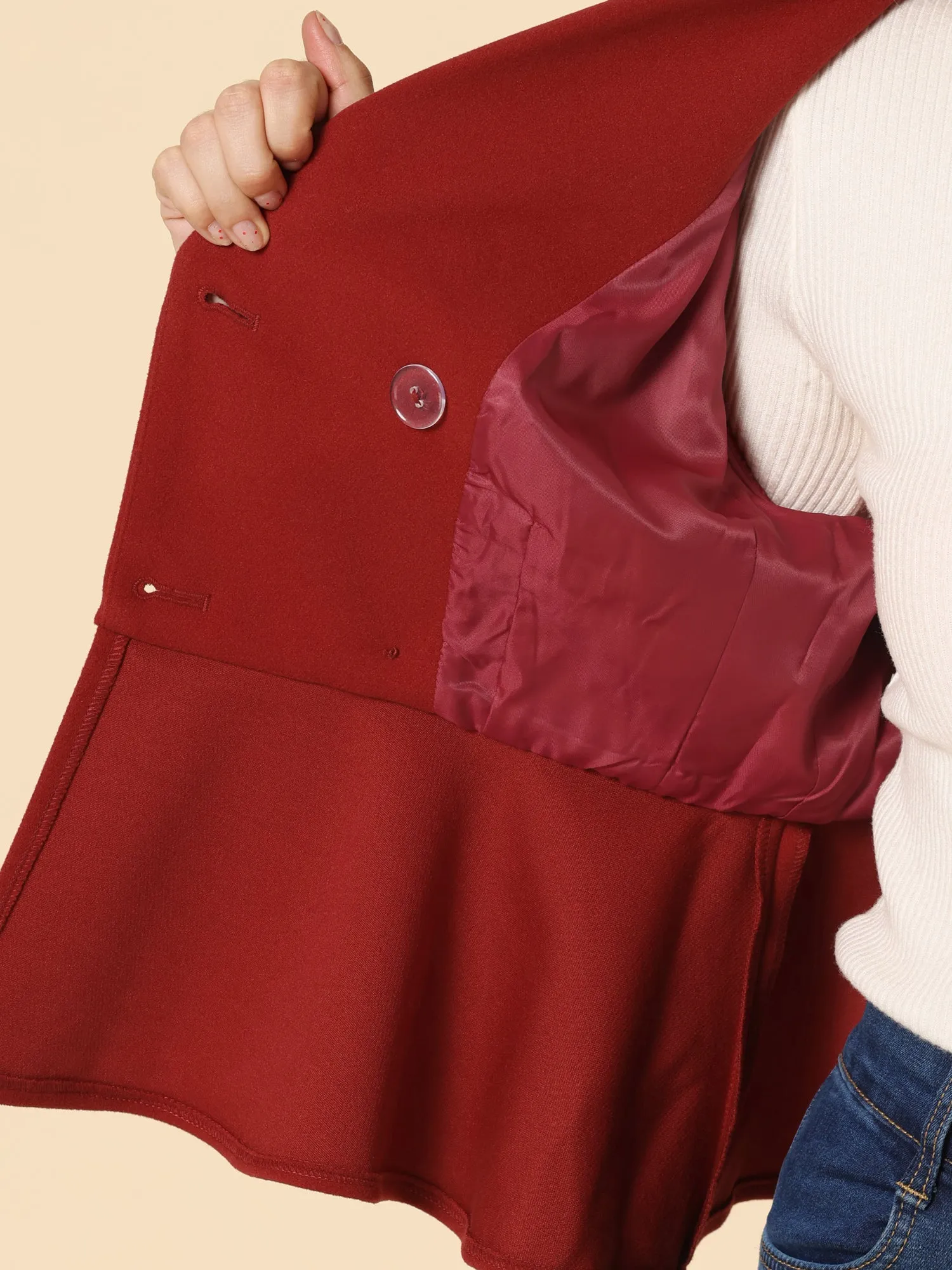 Double Breasted Pea Coat Notched Lapel Blazer Peplum Jacket