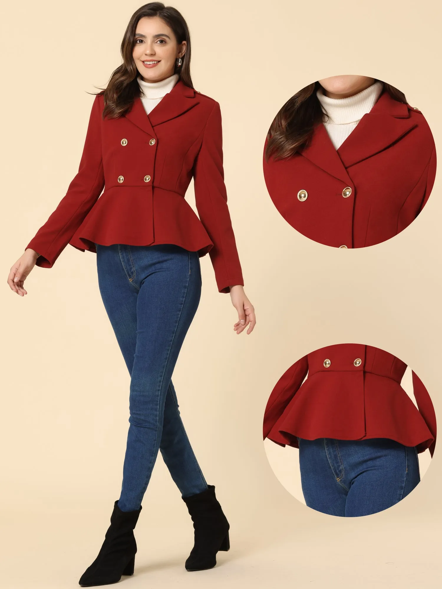 Double Breasted Pea Coat Notched Lapel Blazer Peplum Jacket