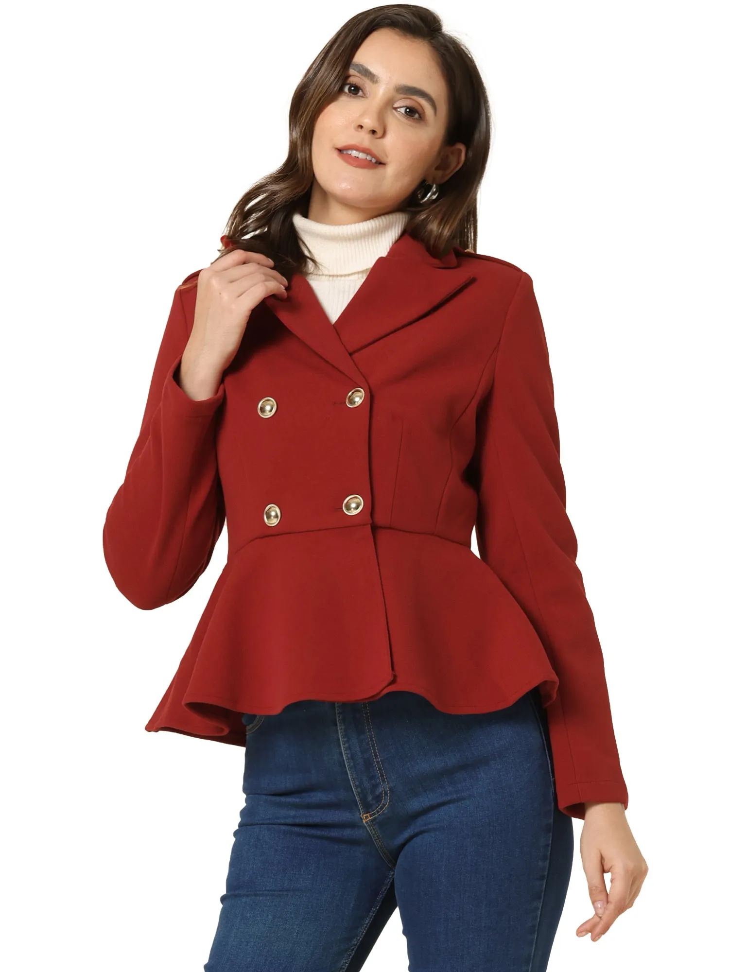 Double Breasted Pea Coat Notched Lapel Blazer Peplum Jacket
