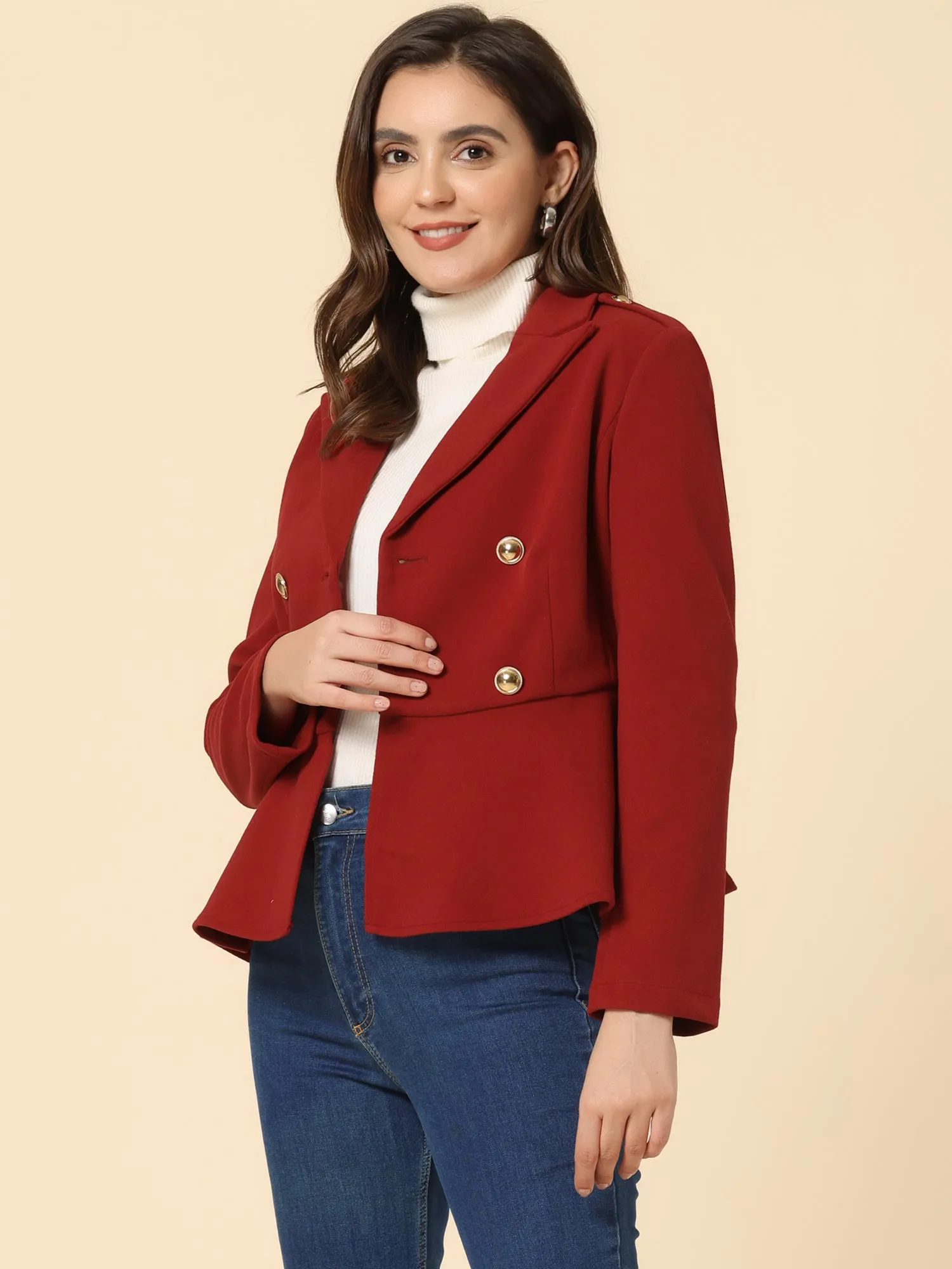 Double Breasted Pea Coat Notched Lapel Blazer Peplum Jacket