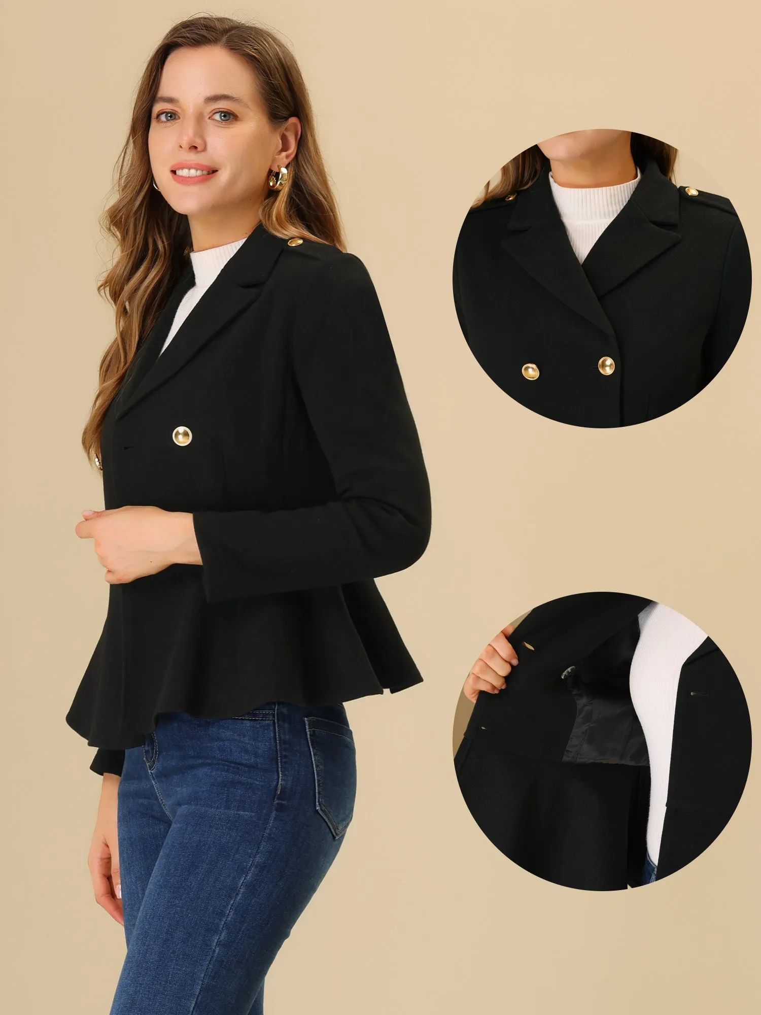 Double Breasted Pea Coat Notched Lapel Blazer Peplum Jacket