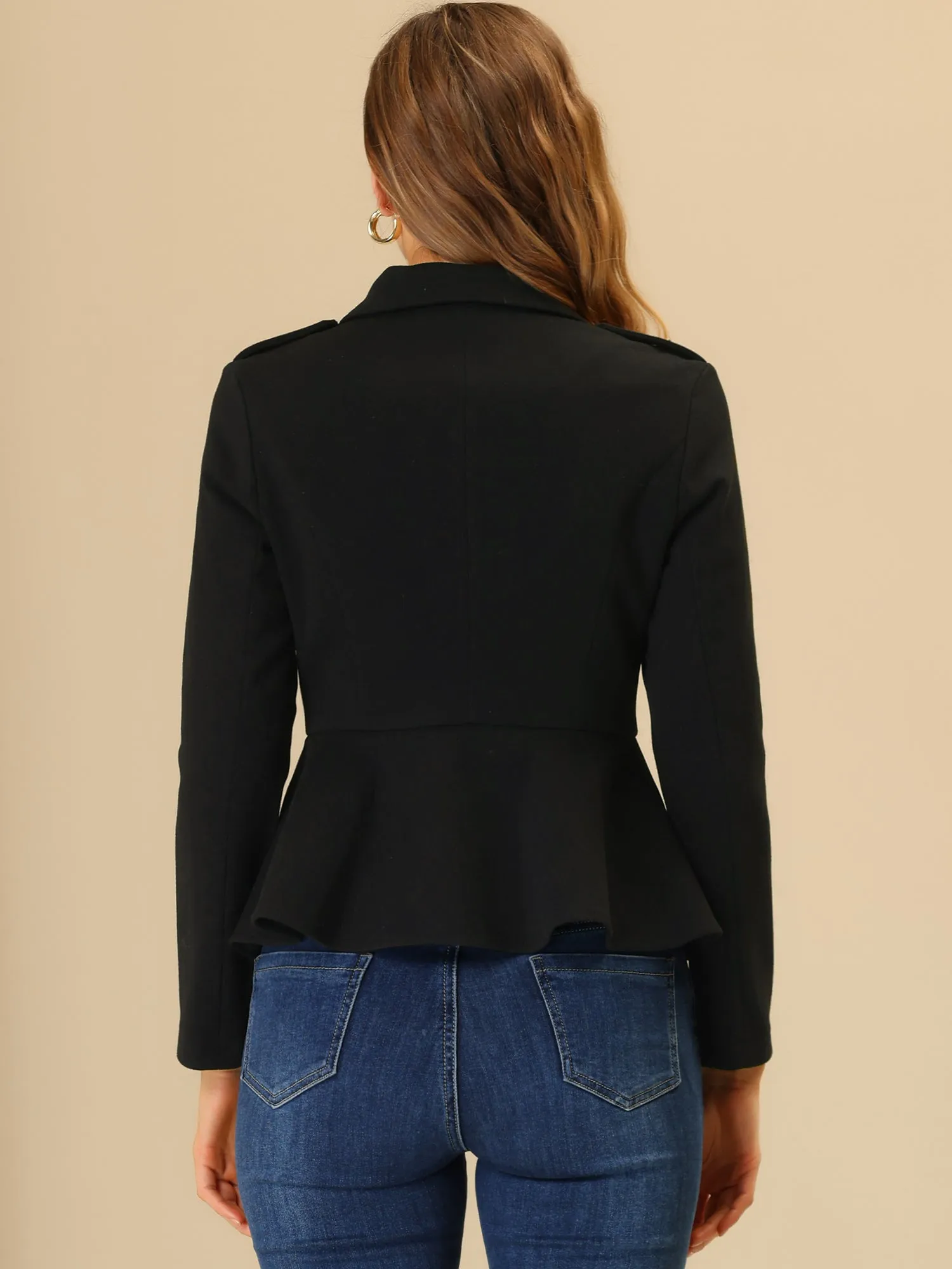 Double Breasted Pea Coat Notched Lapel Blazer Peplum Jacket