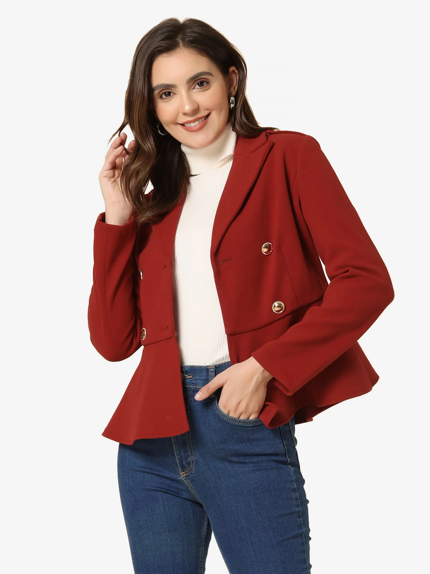 Double Breasted Pea Coat Notched Lapel Blazer Peplum Jacket