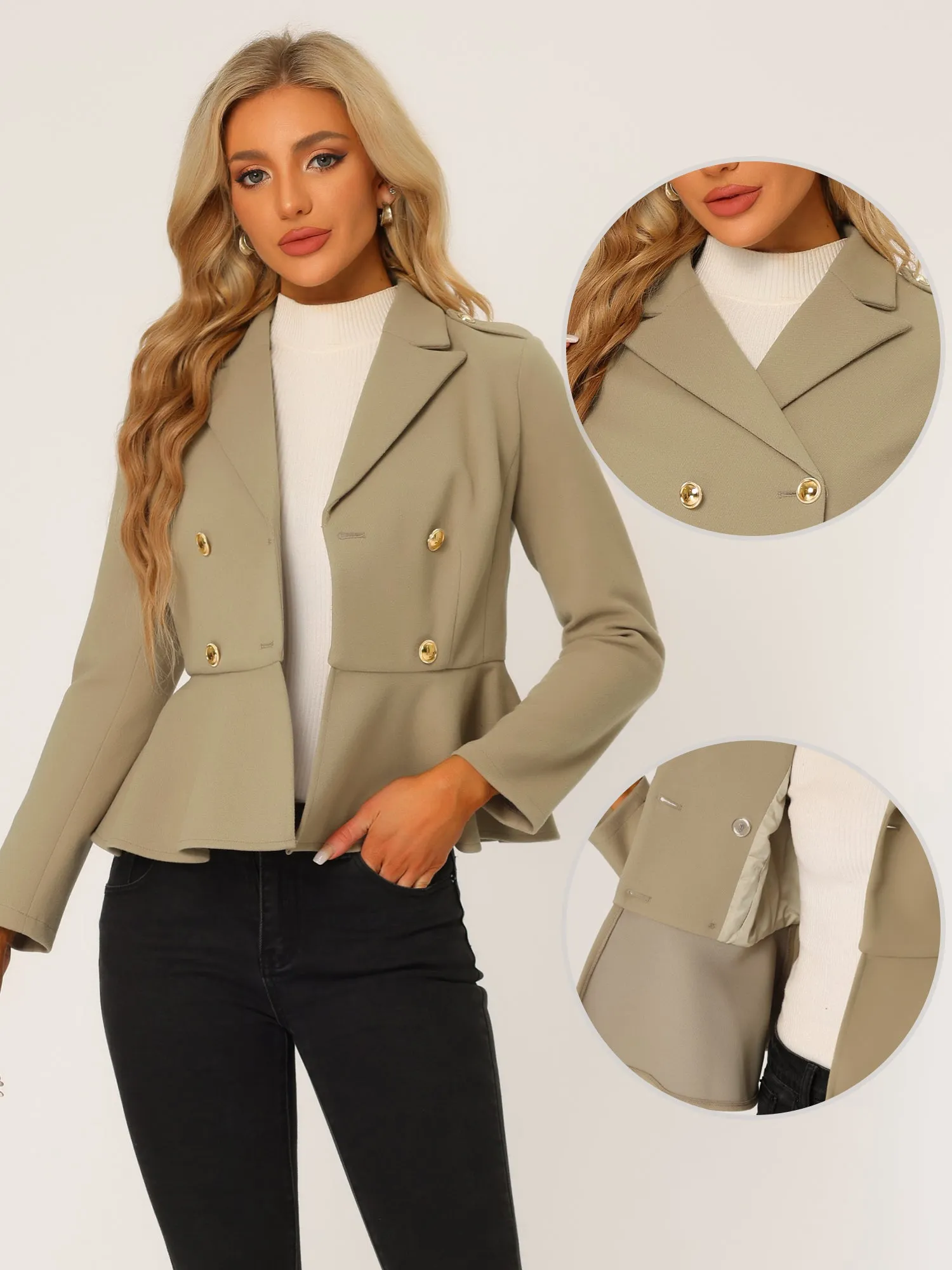 Double Breasted Pea Coat Notched Lapel Blazer Peplum Jacket