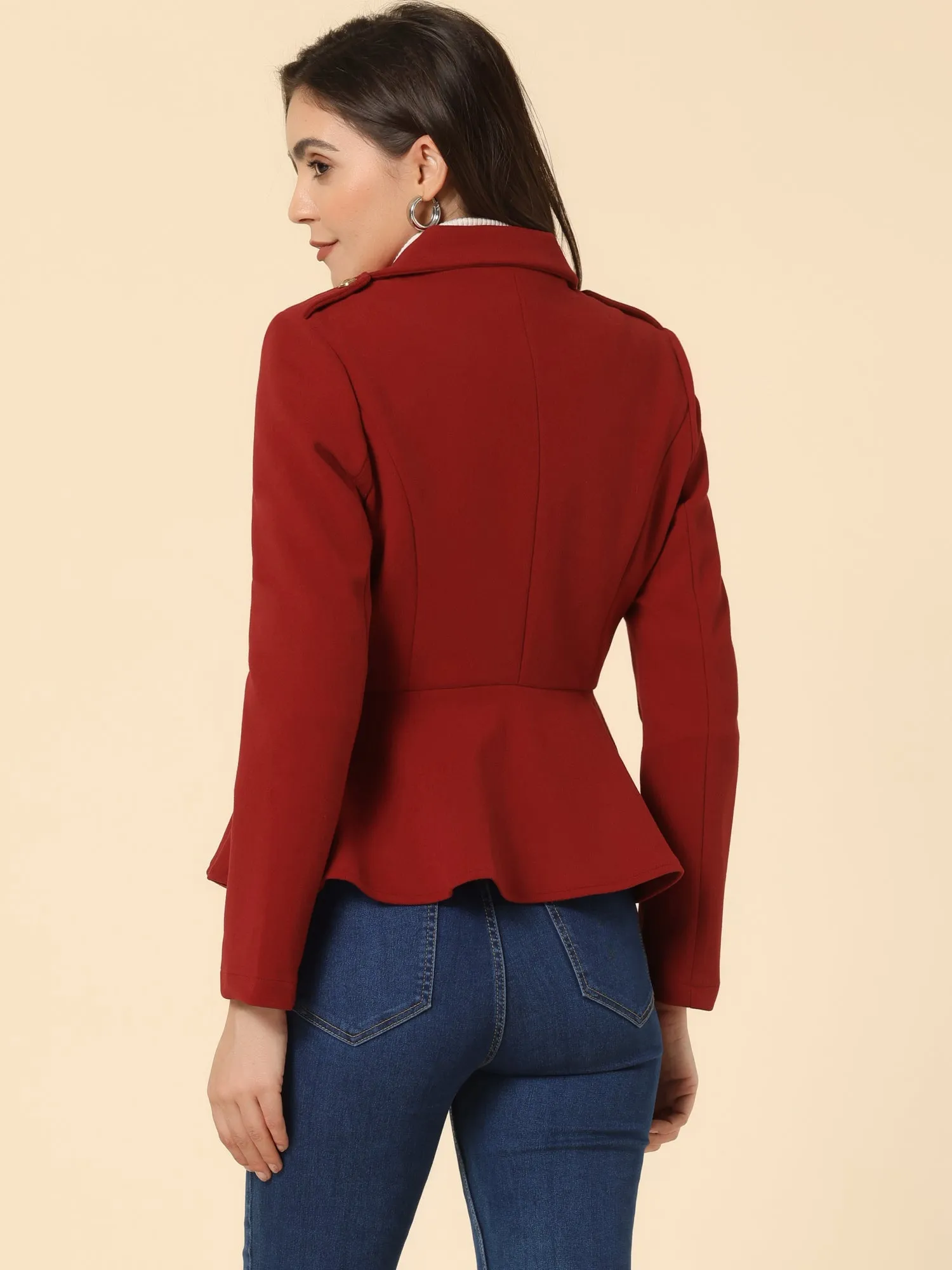 Double Breasted Pea Coat Notched Lapel Blazer Peplum Jacket