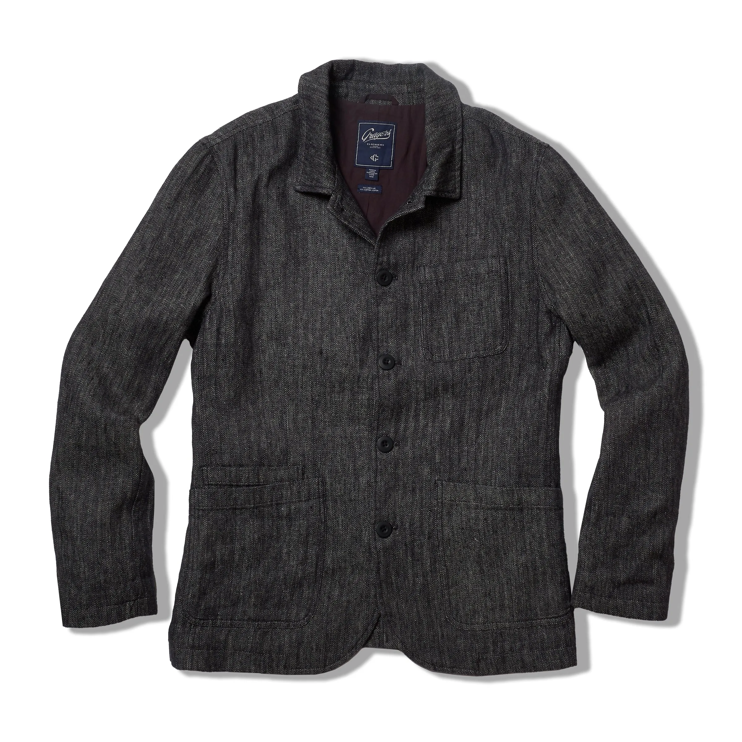 Gaudet Linen French Chore Jacket - Navy Herringbone