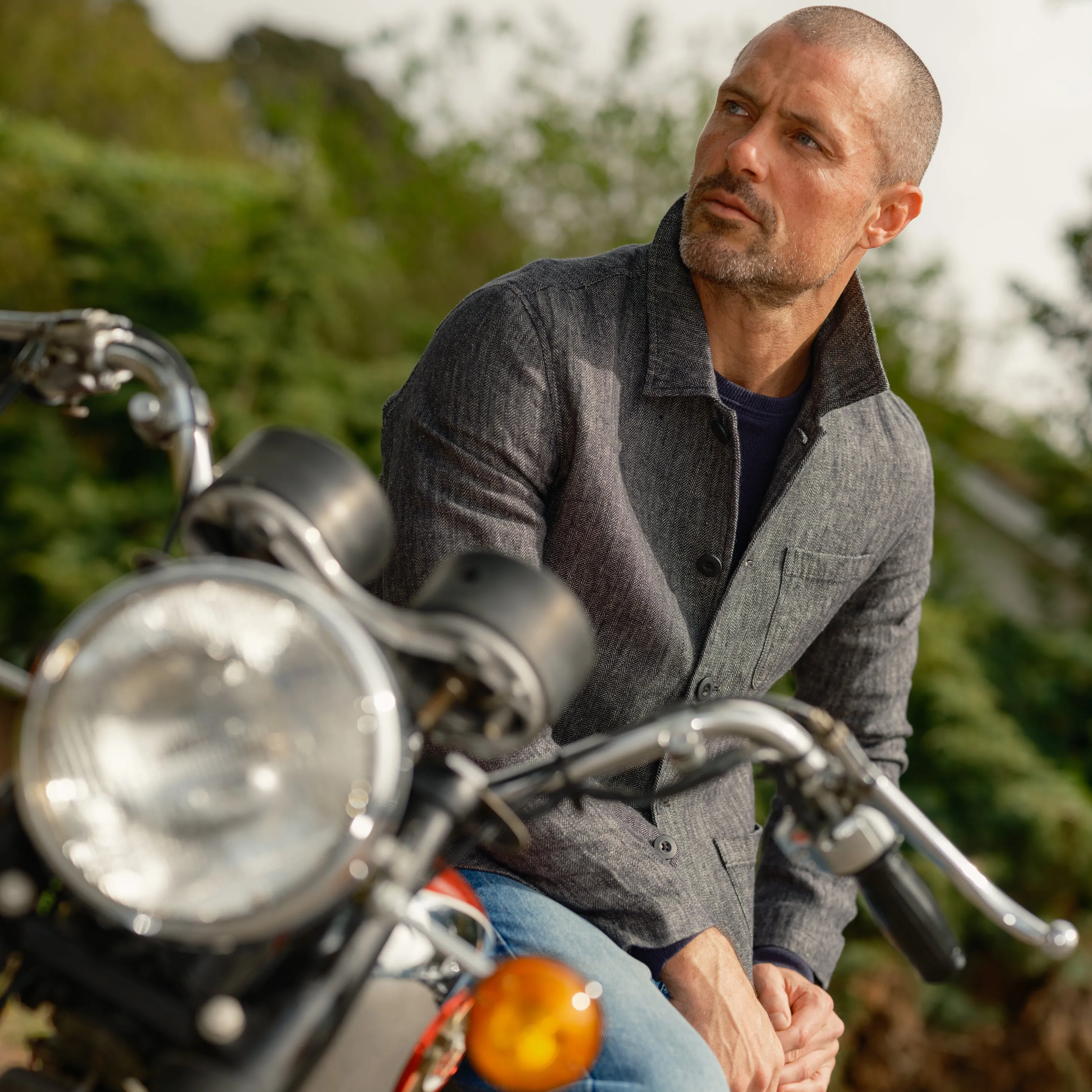 Gaudet Linen French Chore Jacket - Navy Herringbone