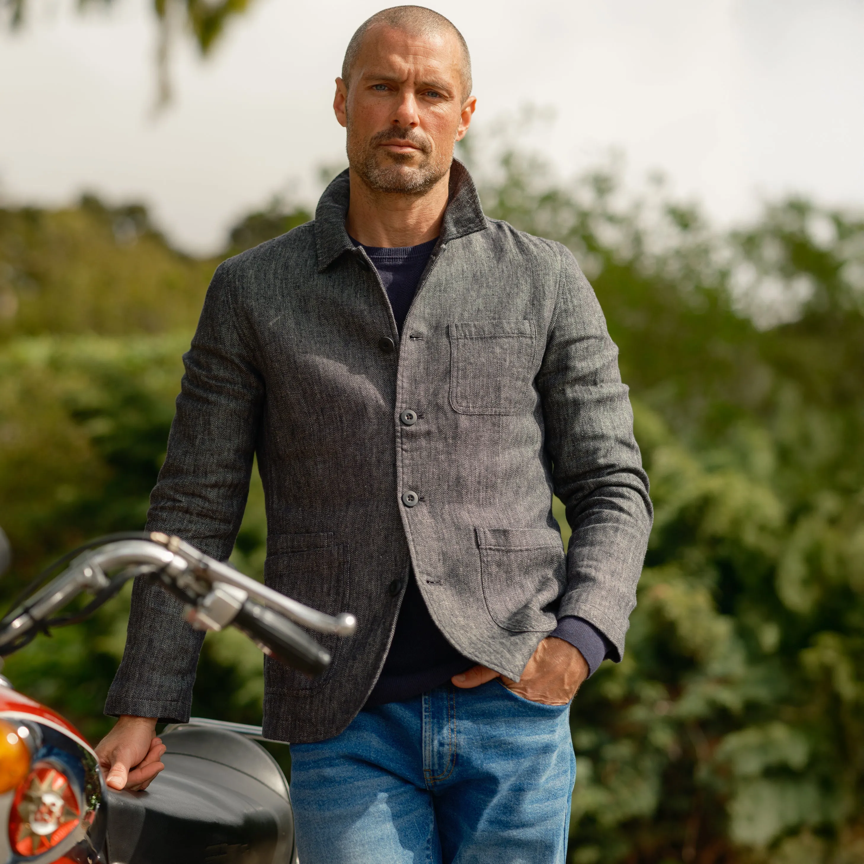 Gaudet Linen French Chore Jacket - Navy Herringbone