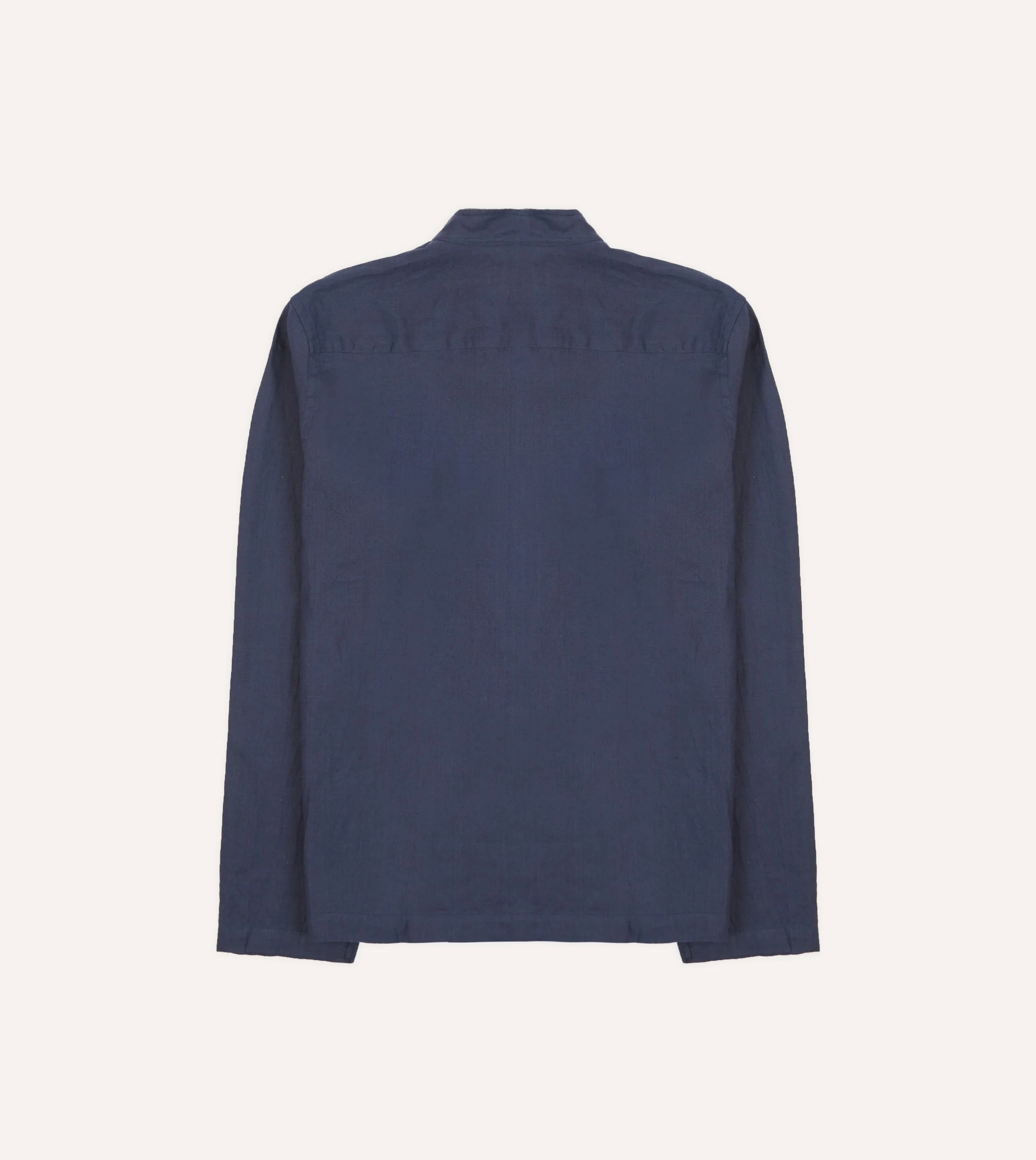 Navy Linen Mandarin Collar Popover Shirt