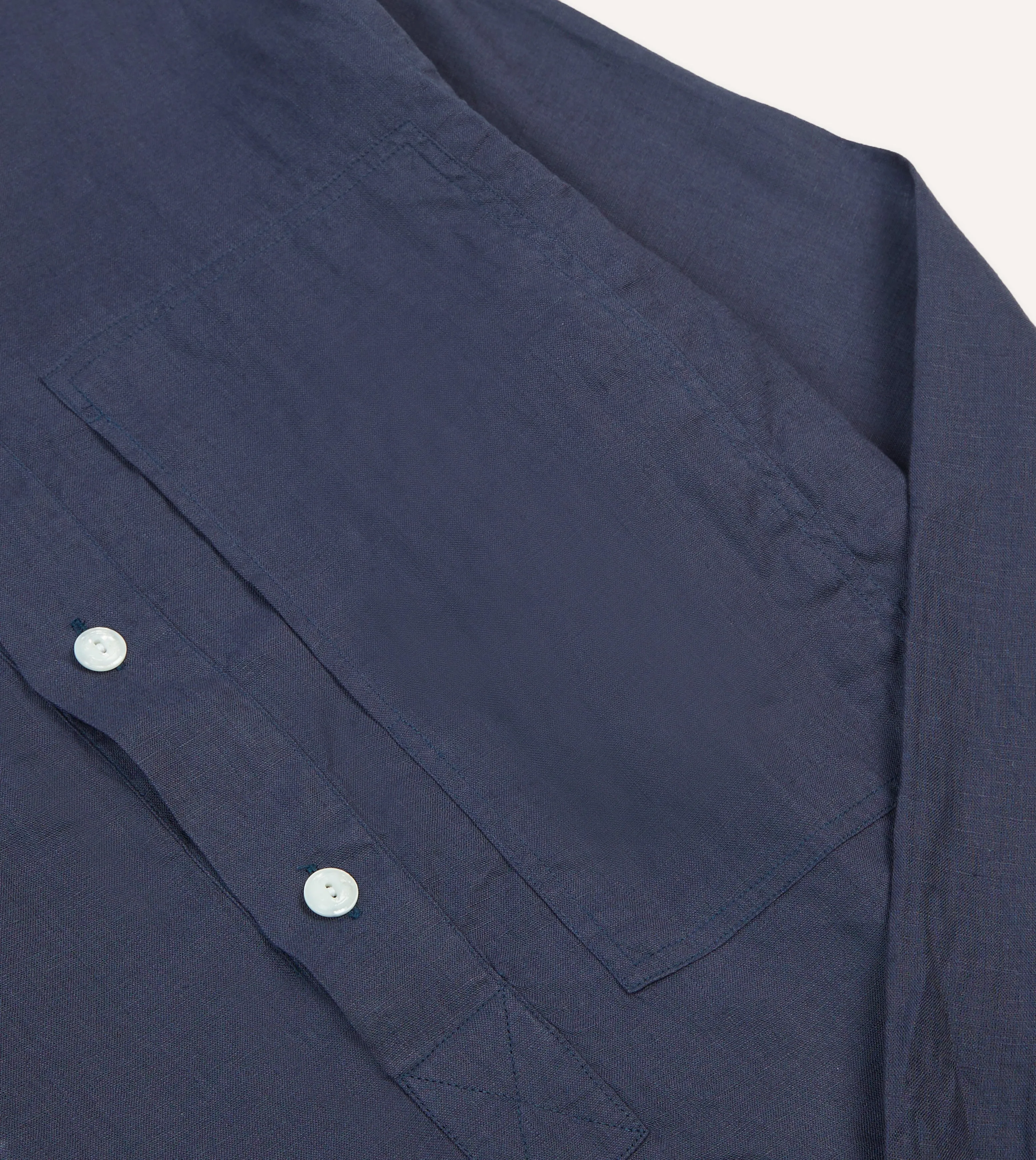 Navy Linen Mandarin Collar Popover Shirt