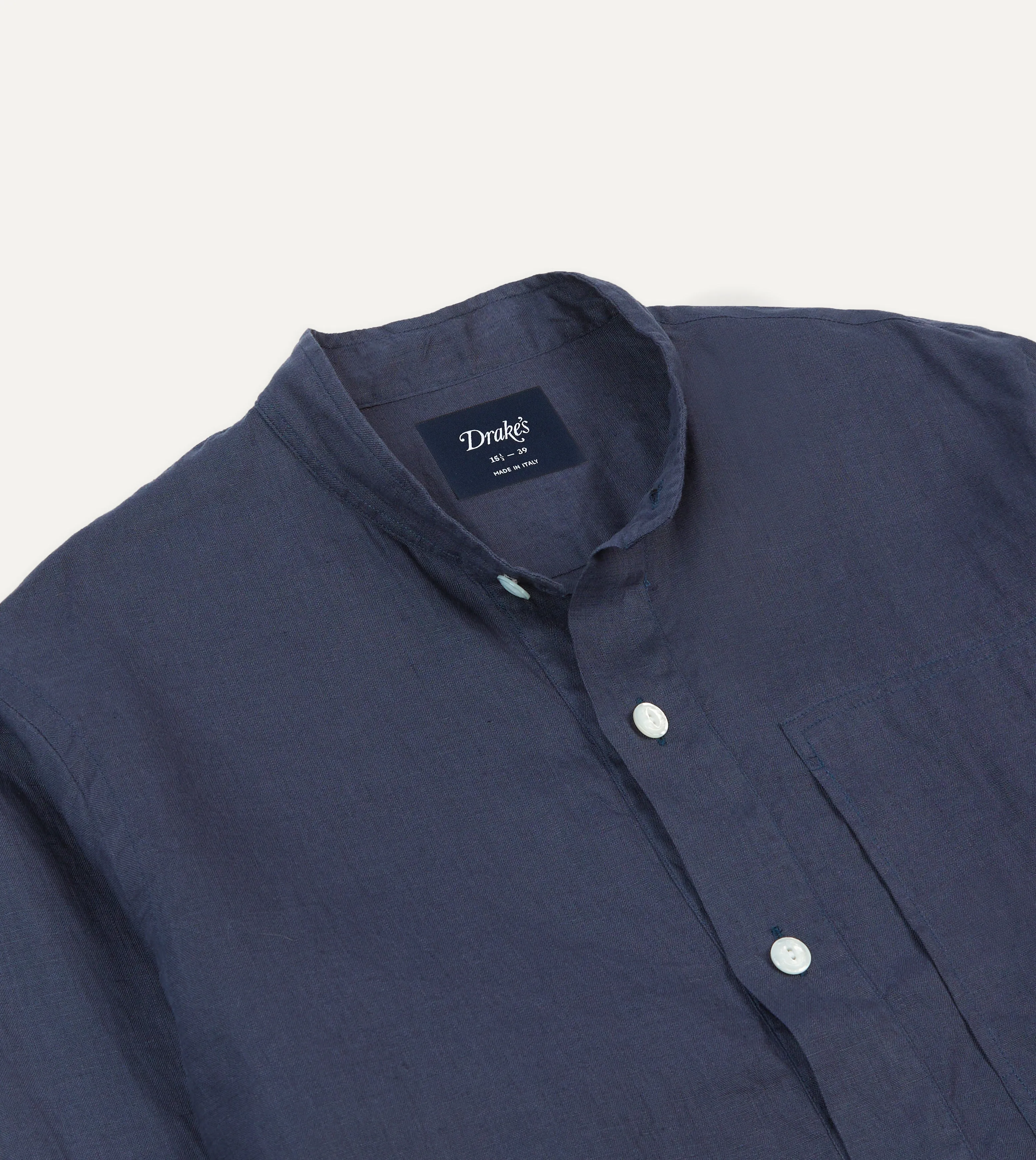 Navy Linen Mandarin Collar Popover Shirt