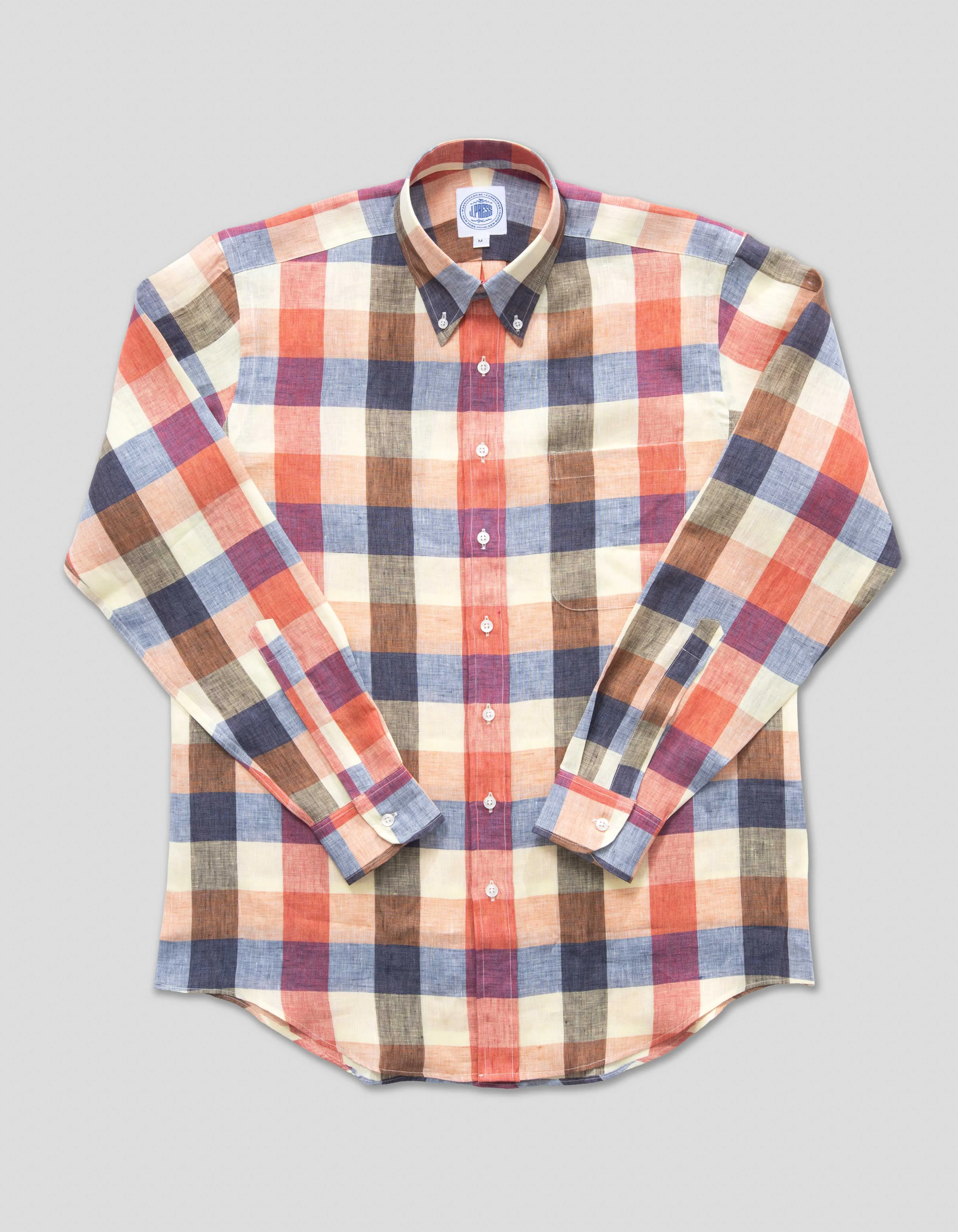 NAVY/ORANGE LARGE CHECK LINEN SHIRT