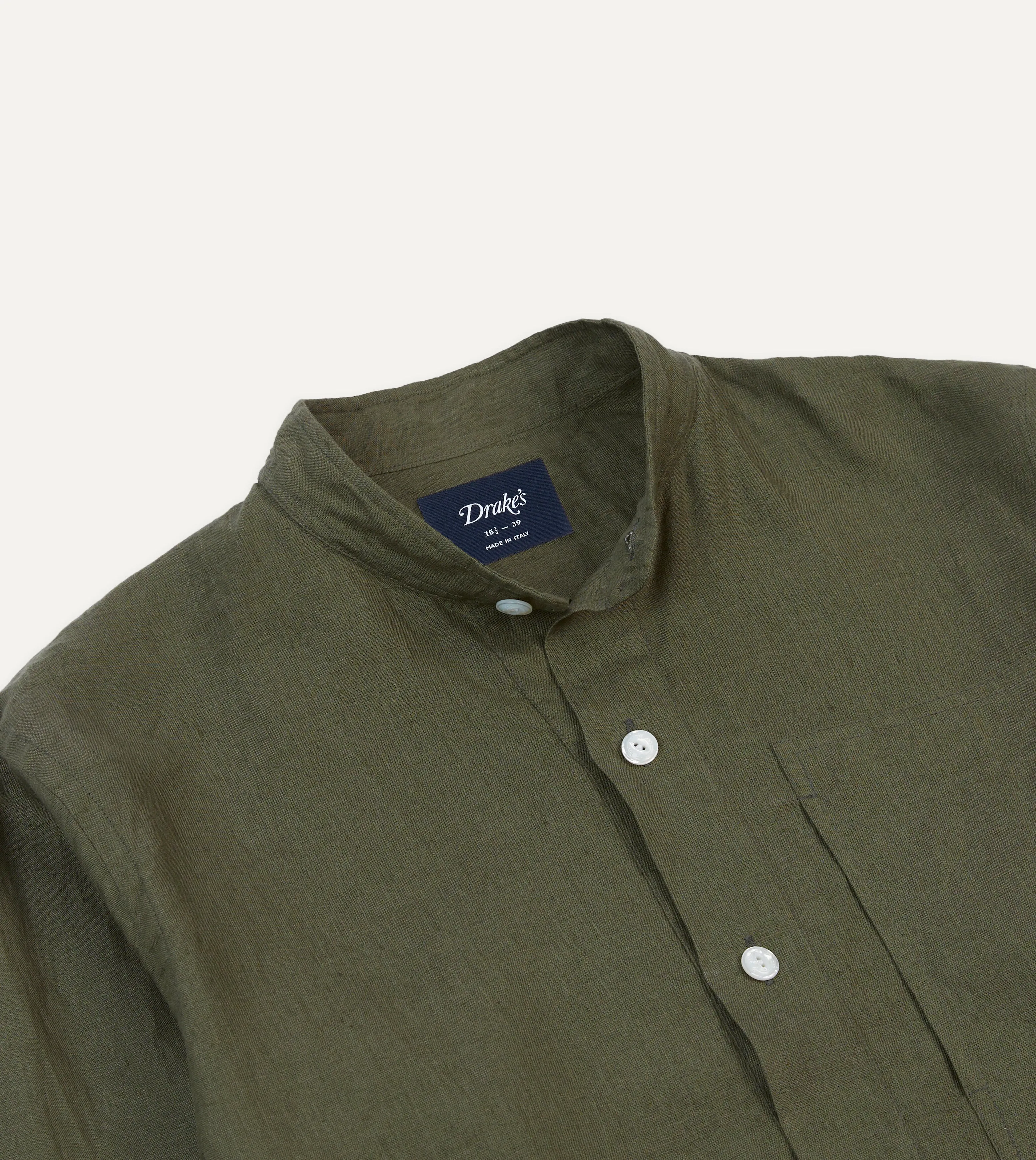 Olive Linen Mandarin Collar Popover Shirt