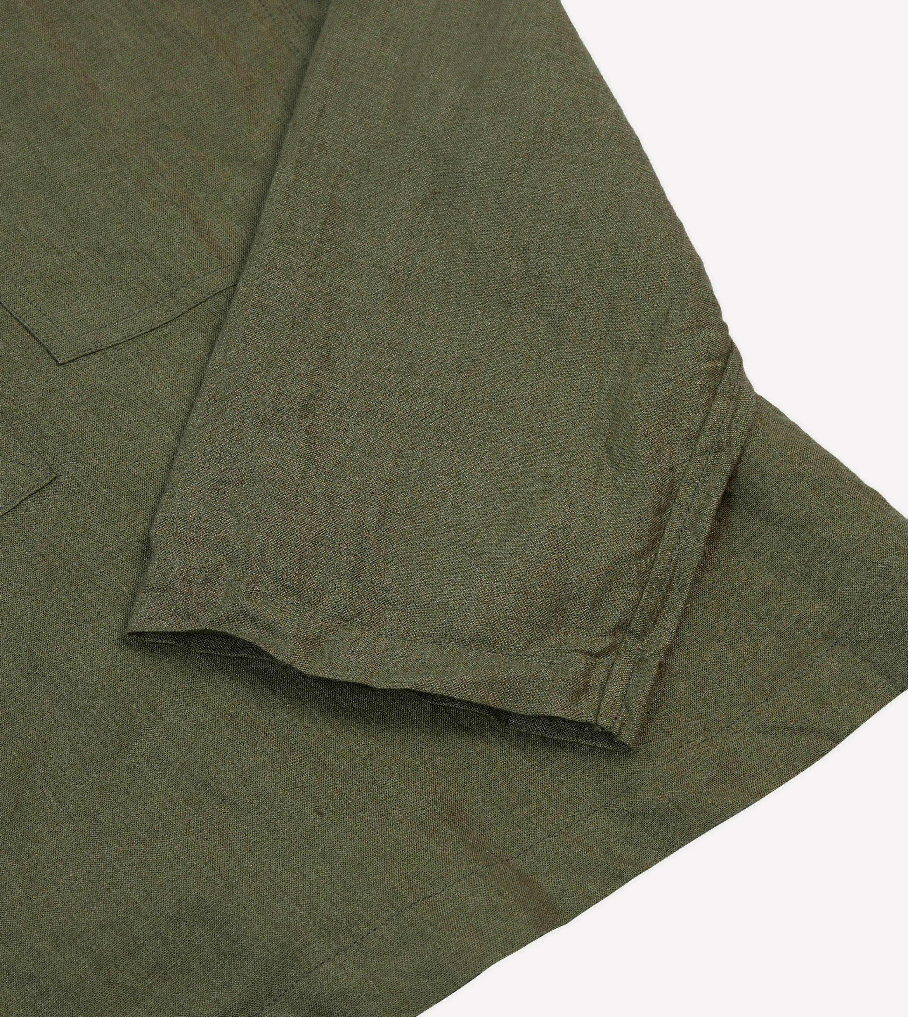 Olive Linen Mandarin Collar Popover Shirt