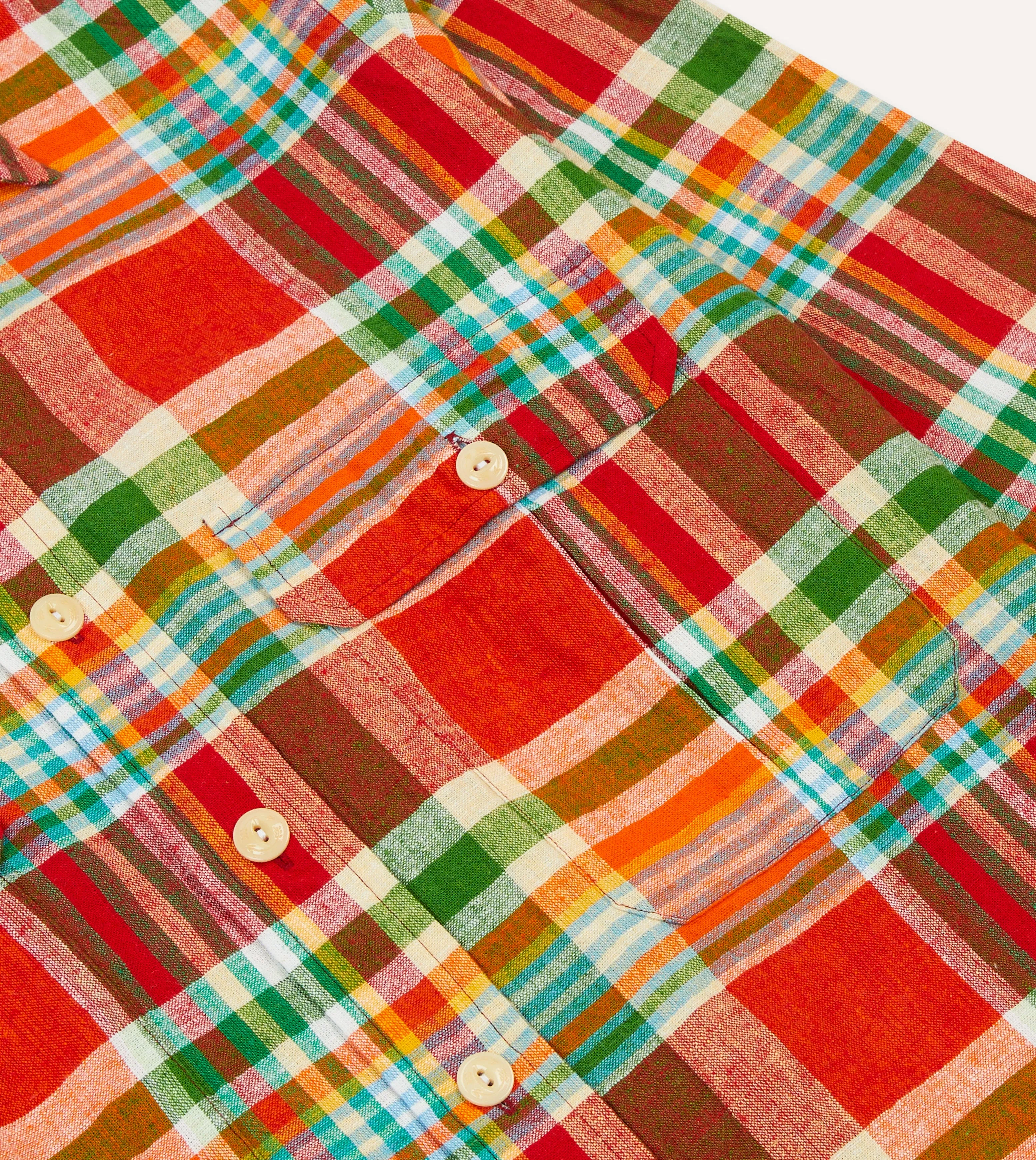 Red and Green Madras Check Cotton-Linen Two-Pocket Work Shirt