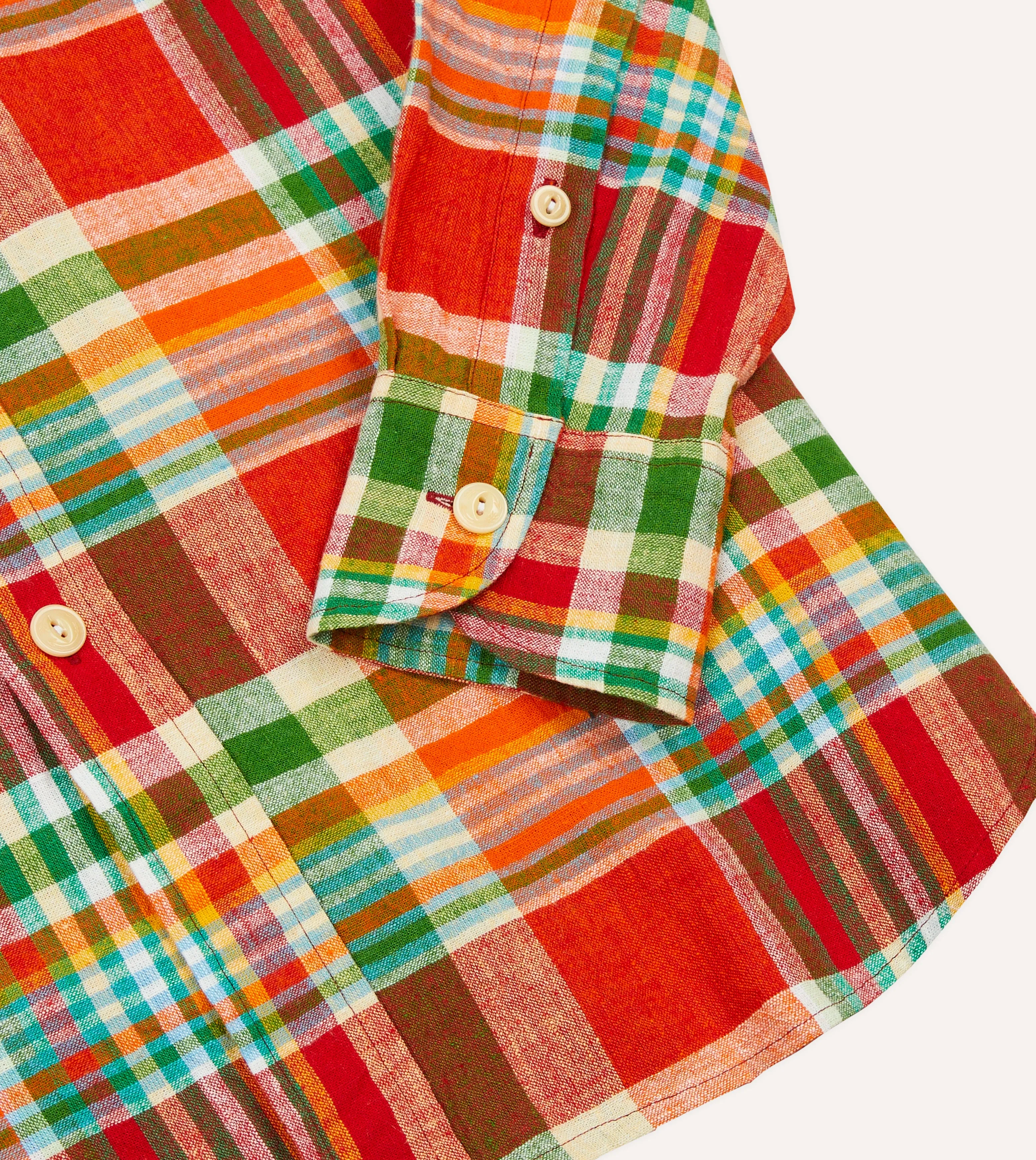 Red and Green Madras Check Cotton-Linen Two-Pocket Work Shirt