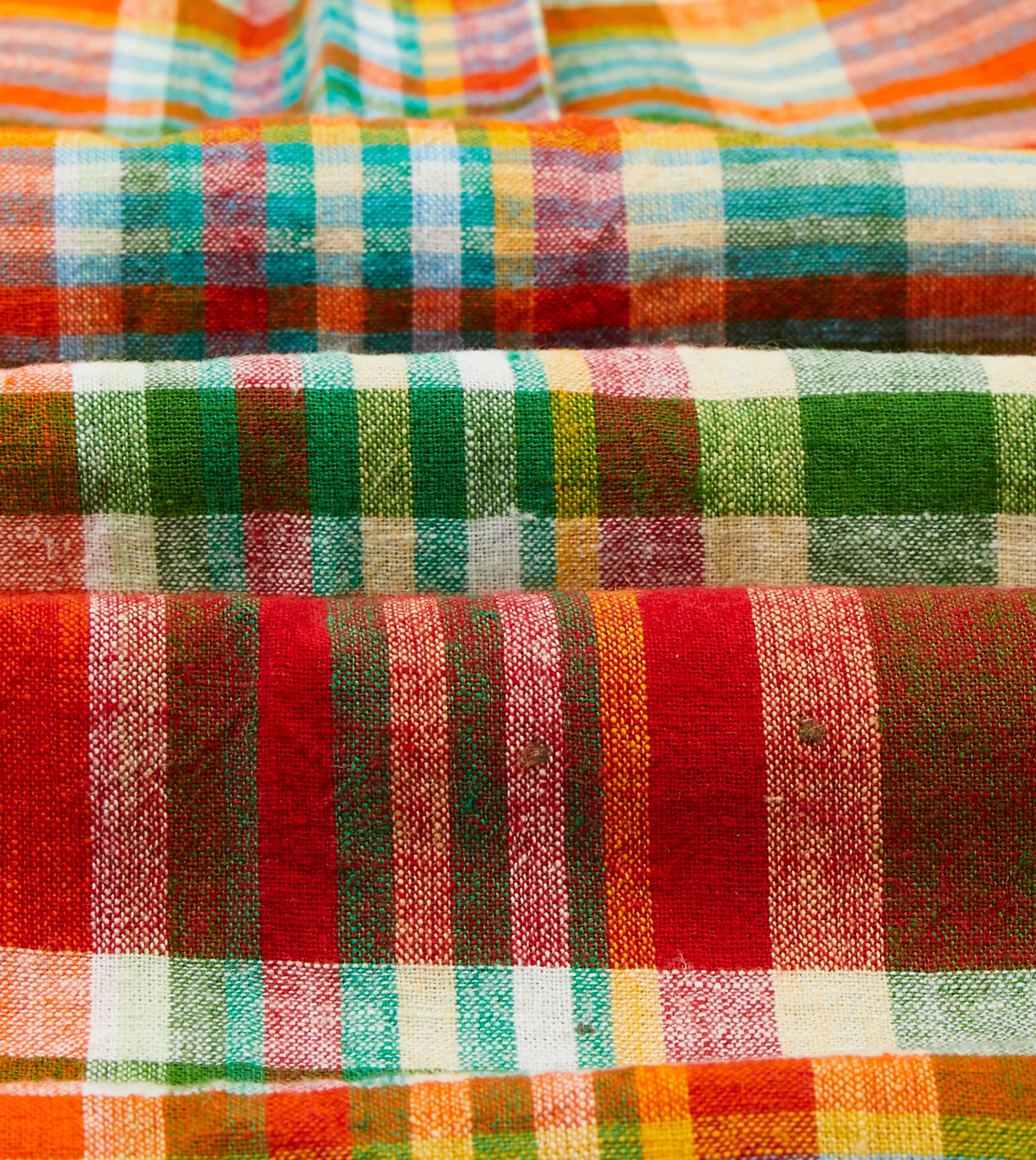 Red and Green Madras Check Cotton-Linen Two-Pocket Work Shirt