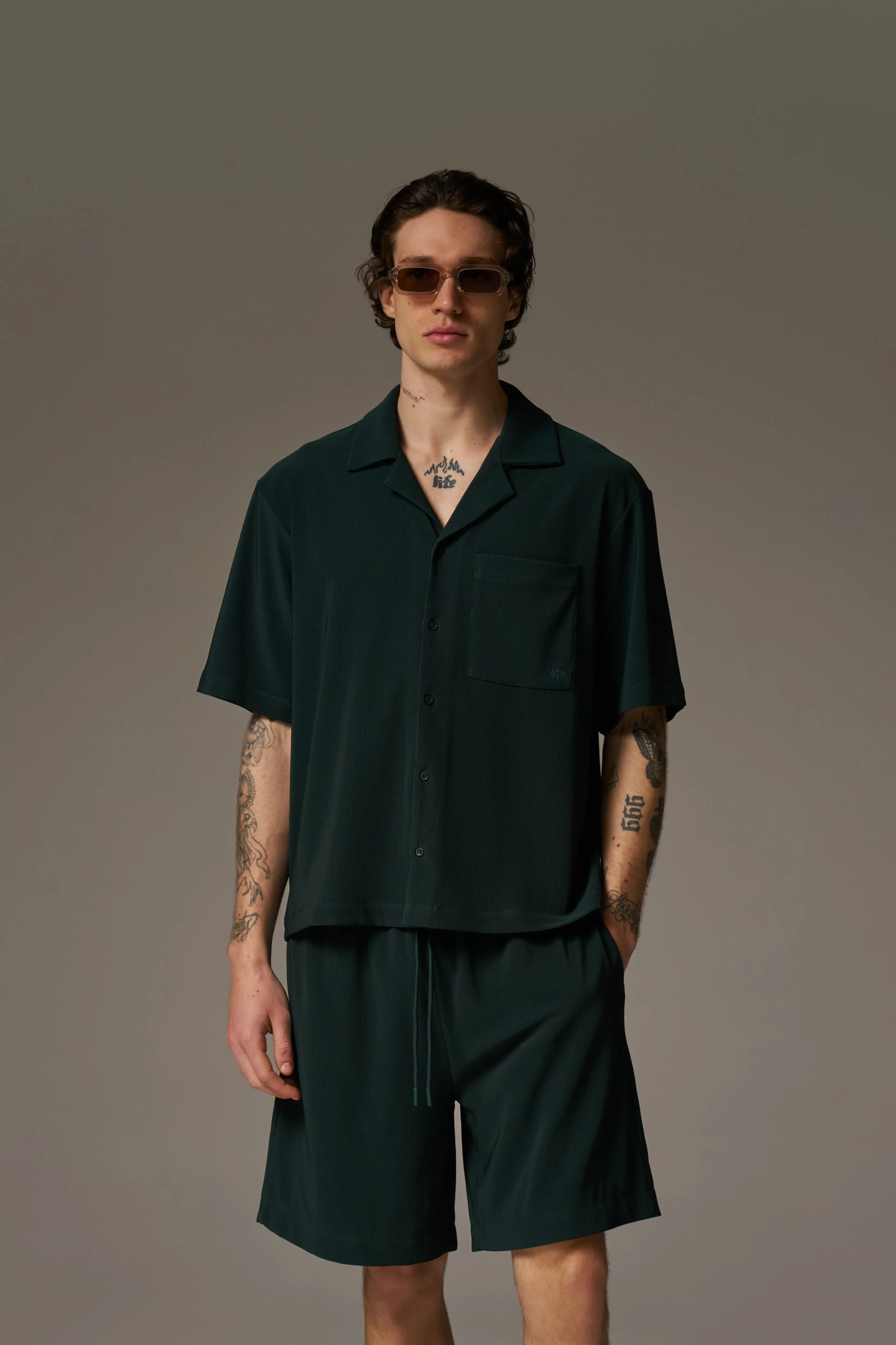 RIB BUTTON THROUGH SHIRT - GREEN