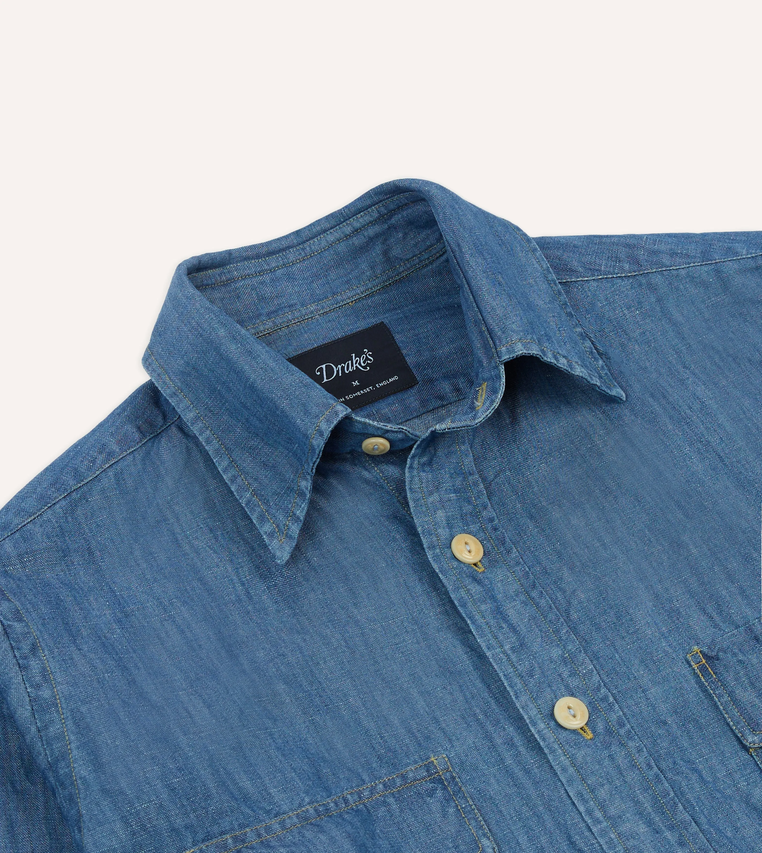 Stone Wash Cotton-Linen Long Point Collar Work Shirt