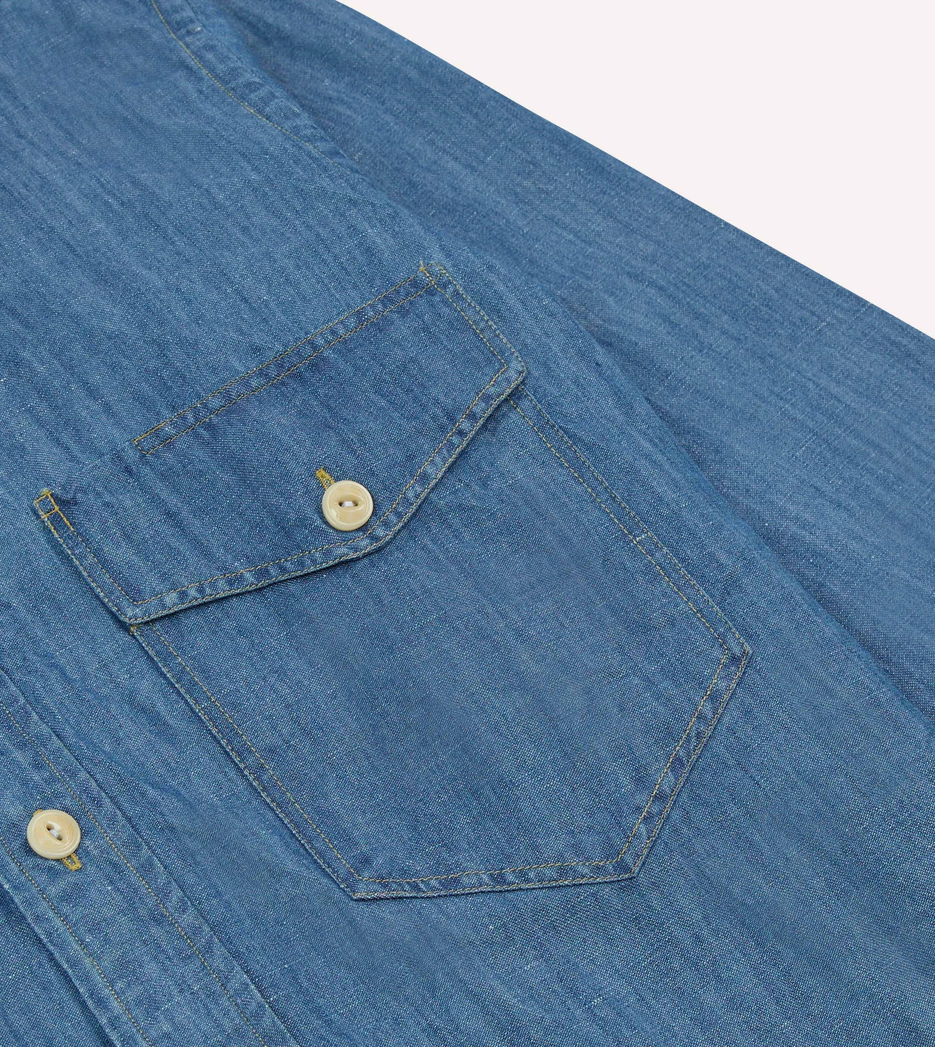Stone Wash Cotton-Linen Long Point Collar Work Shirt