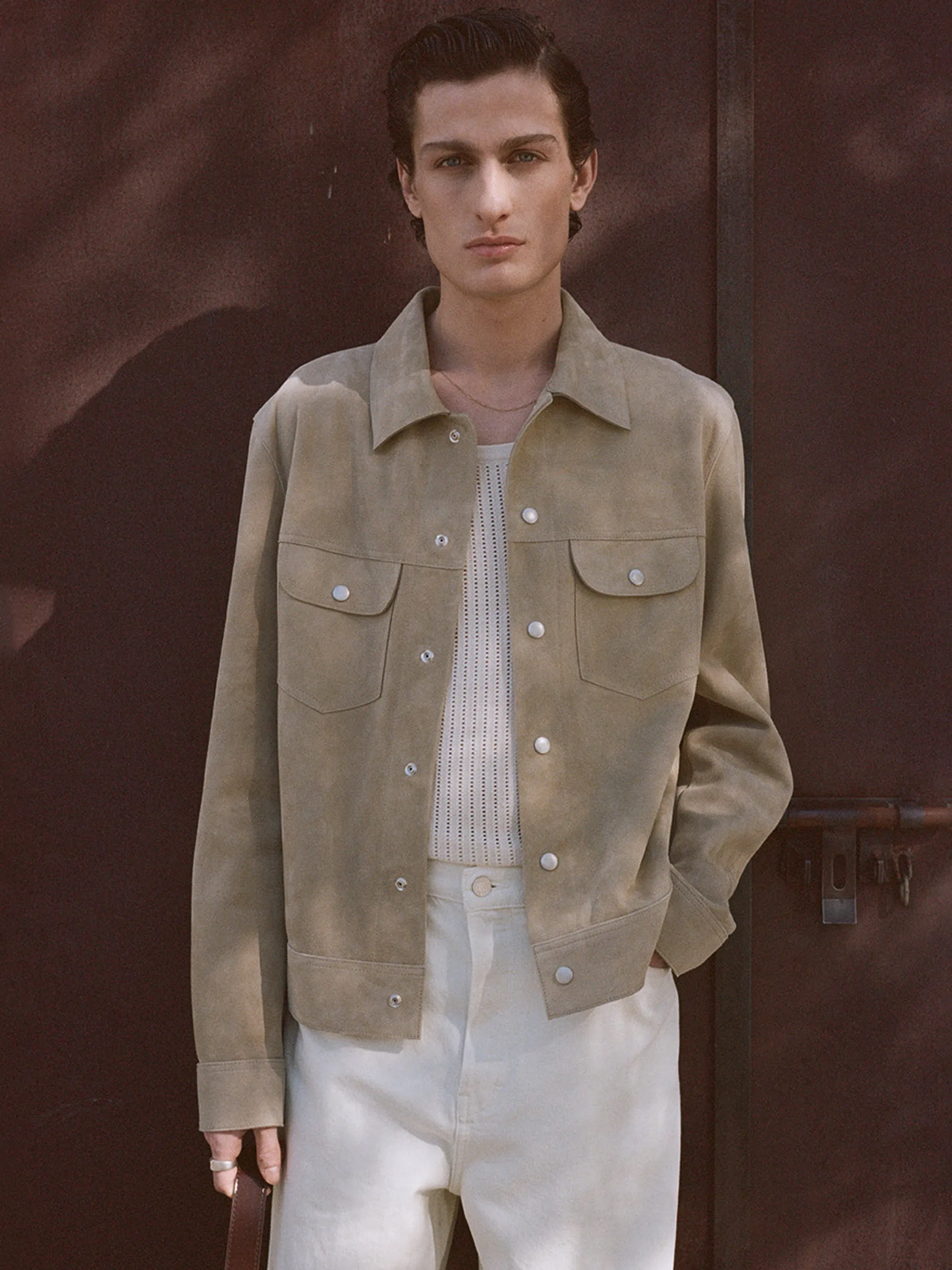 Suede Trucker Jacket -- Oxford Beige
