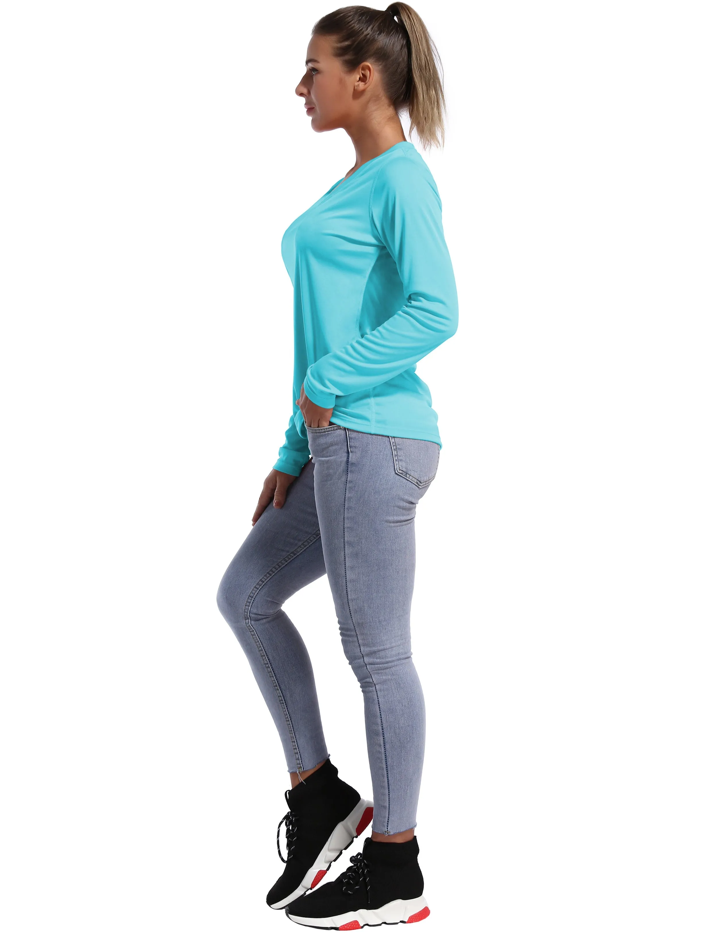 V Neck Long Sleeve Athletic Shirts blue_Jogging