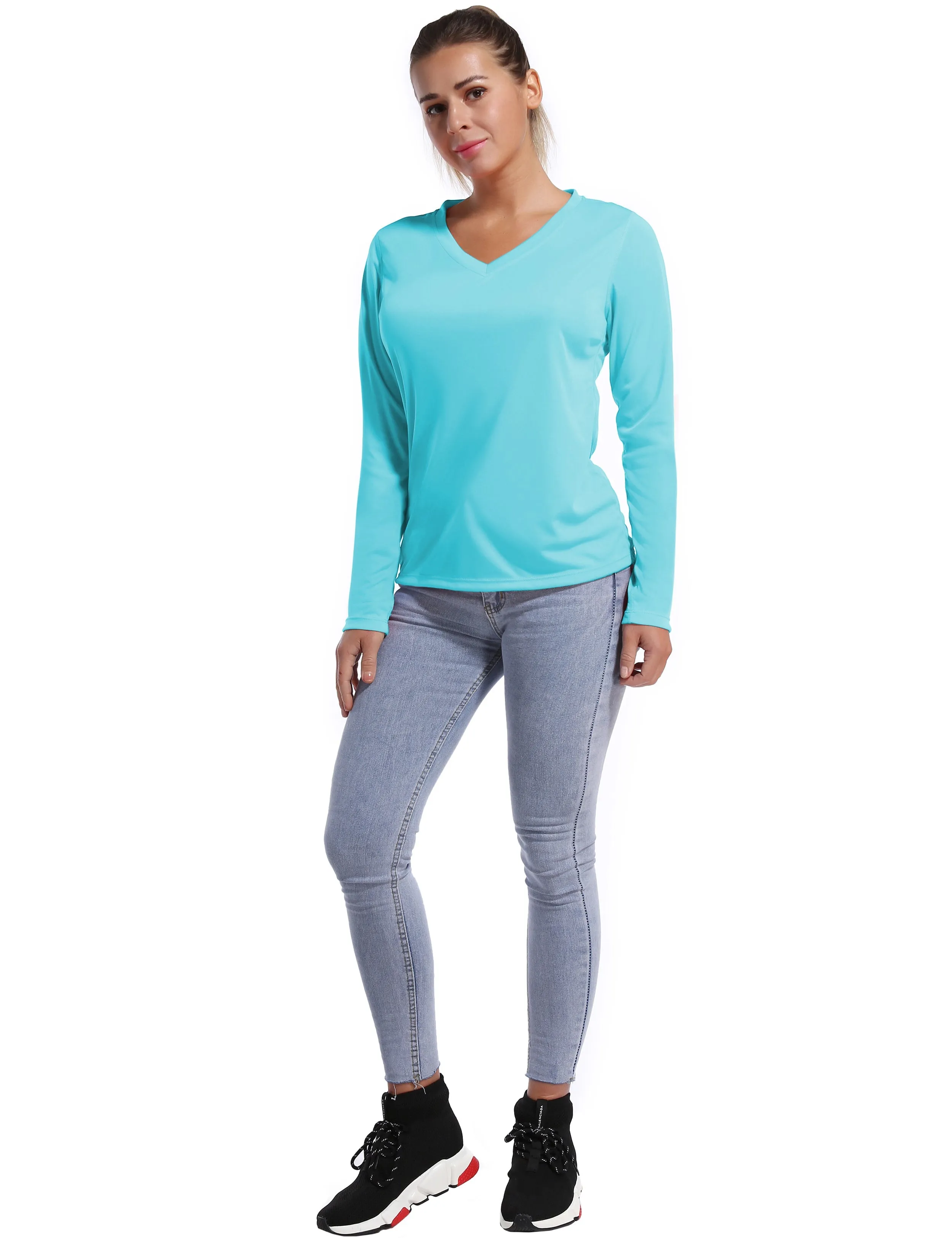 V Neck Long Sleeve Athletic Shirts blue_Jogging