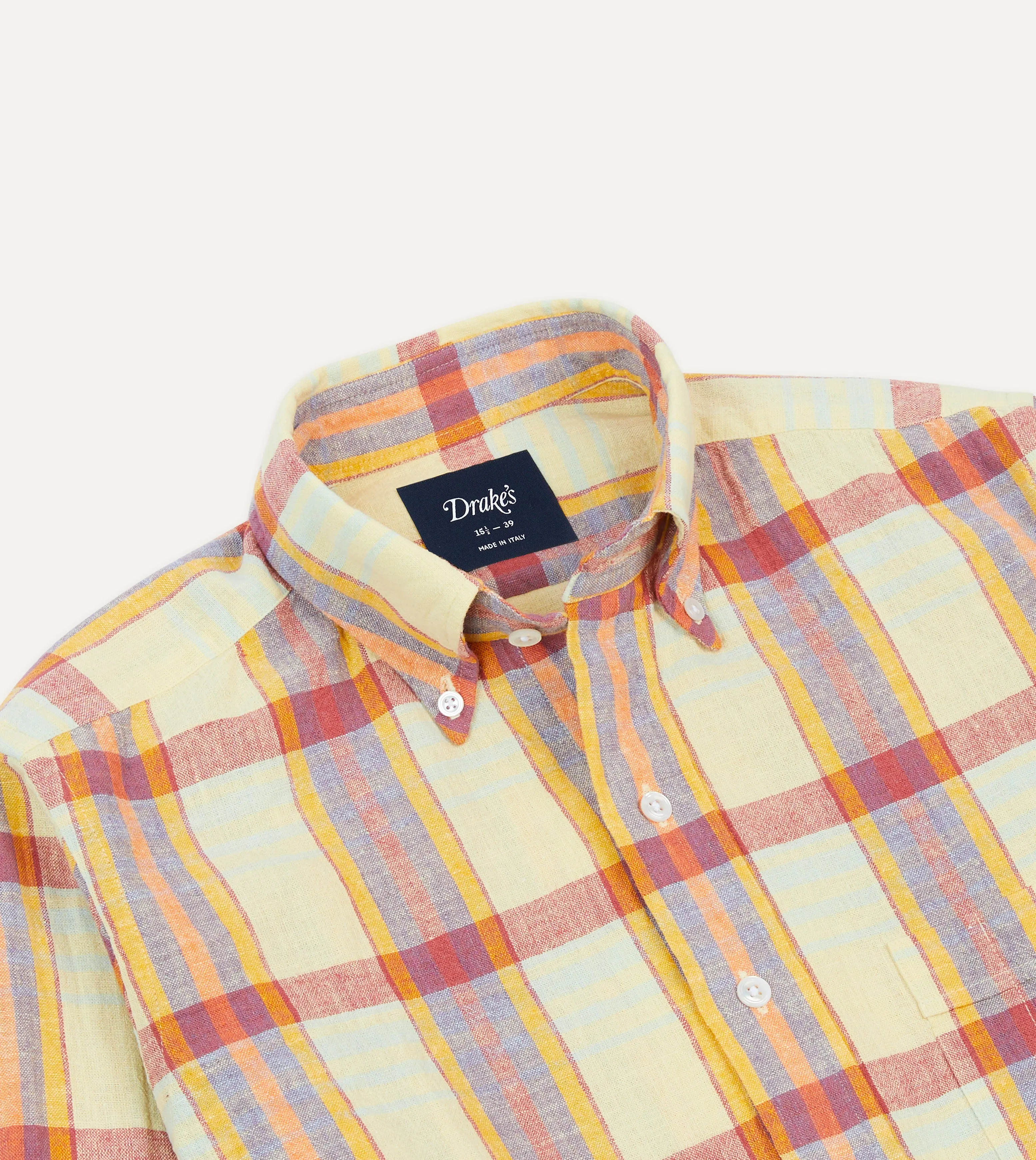 Yellow and Red Madras Check Cotton-Linen Button-Down Shirt