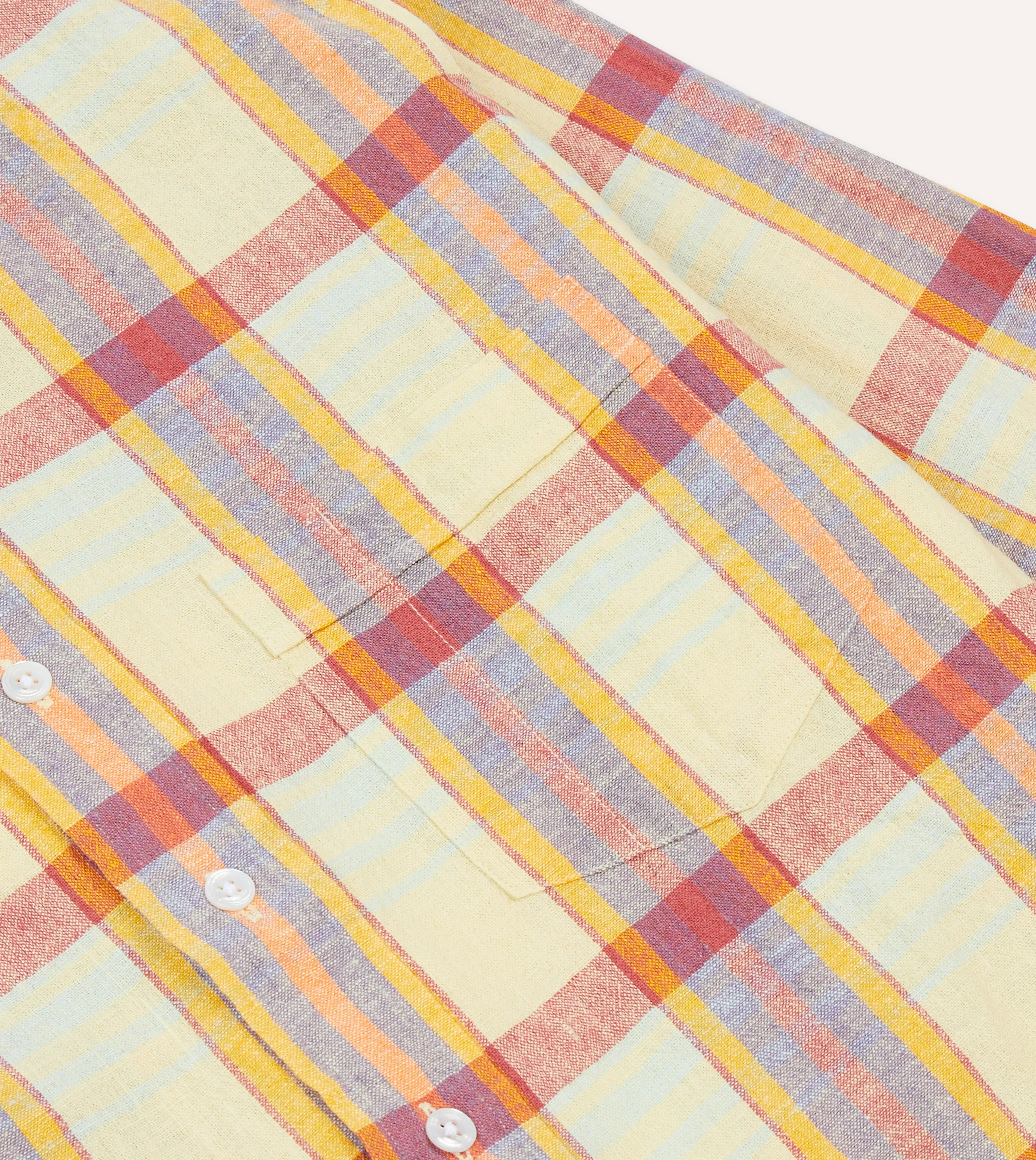 Yellow and Red Madras Check Cotton-Linen Button-Down Shirt