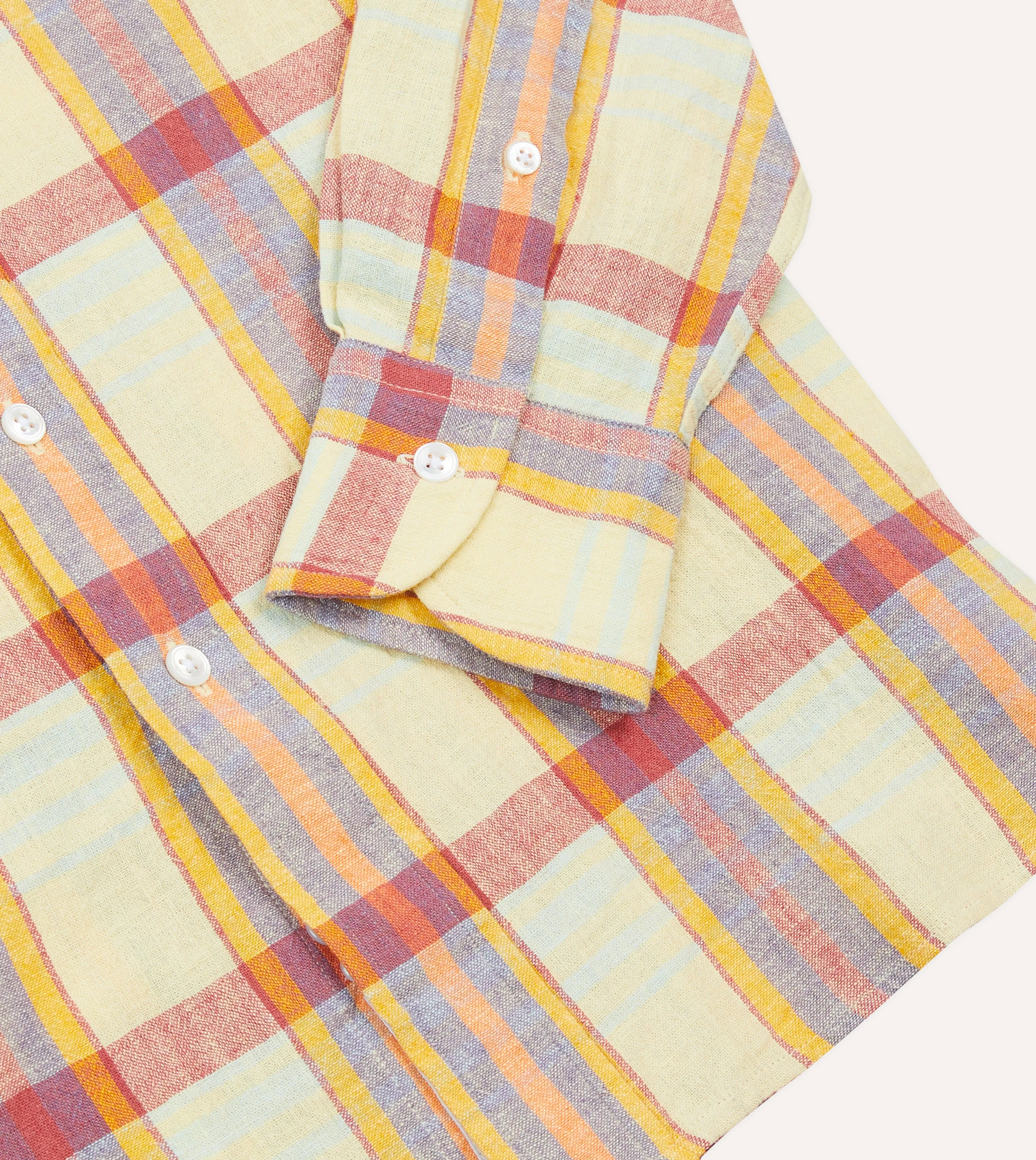 Yellow and Red Madras Check Cotton-Linen Button-Down Shirt